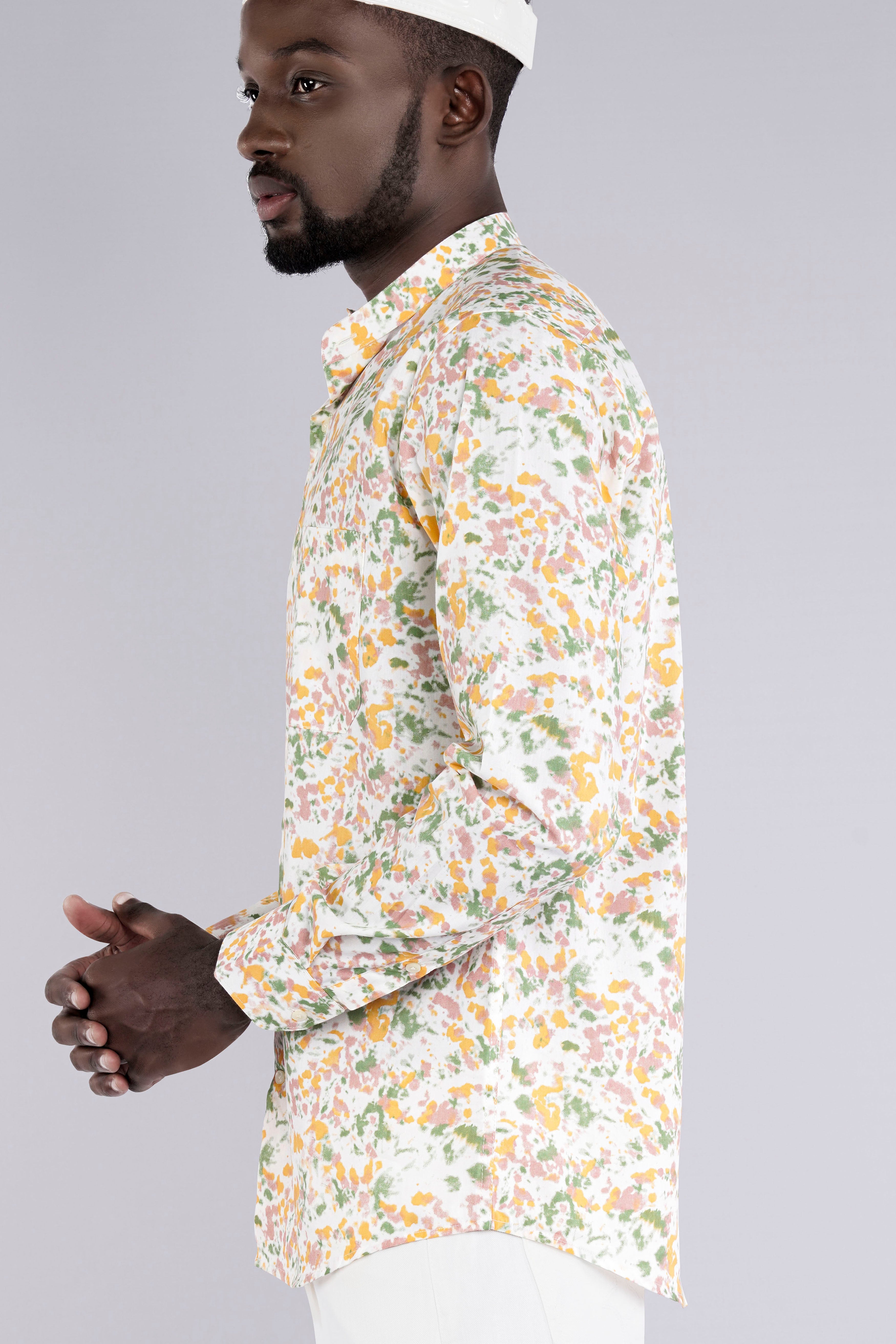 Bright White with Pale Yellow Multicolour Printed Chambray Shirt