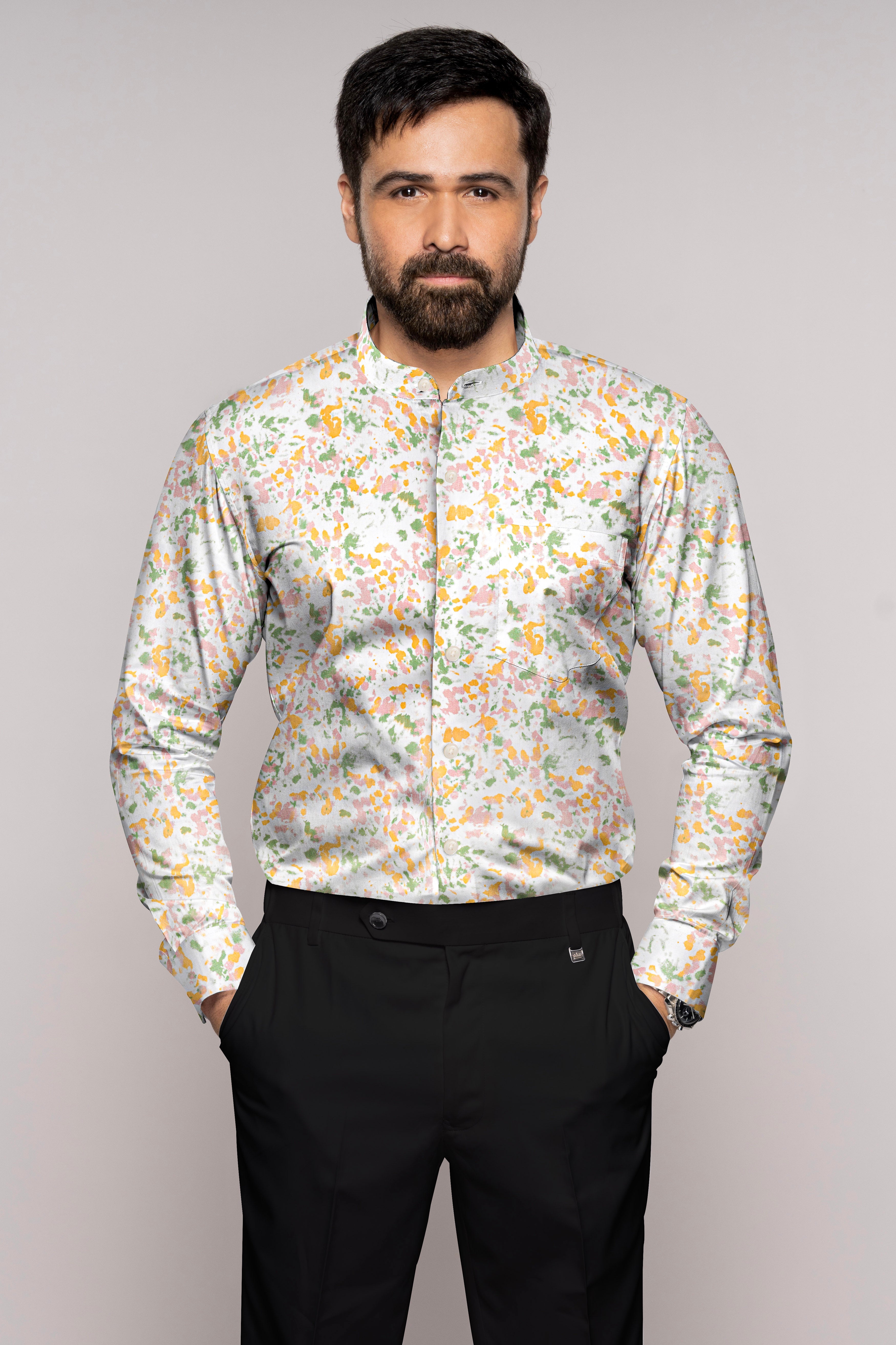 Bright White with Pale Yellow Multicolour Printed Chambray Shirt