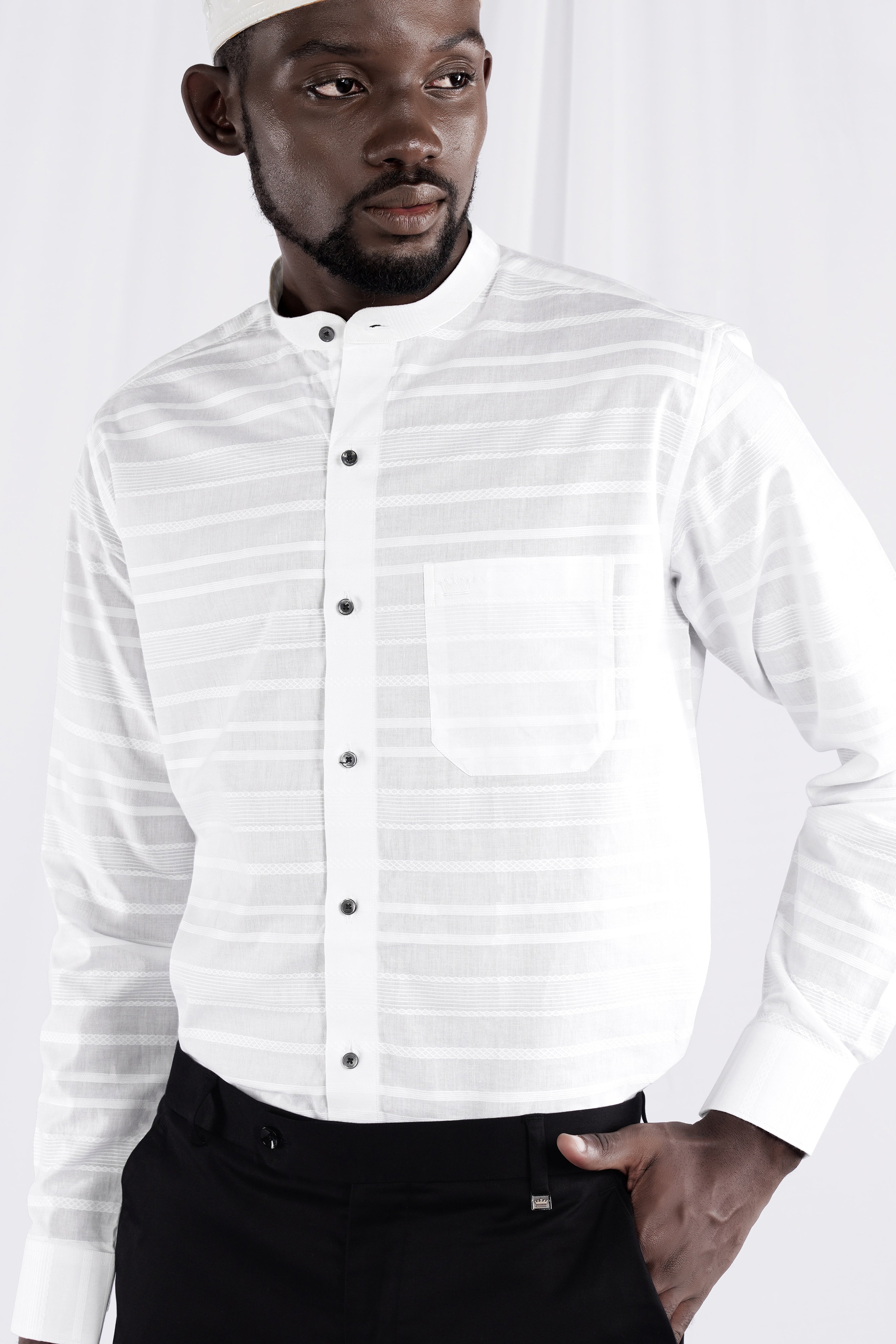 Bright White Striped Dobby Textured Premium Giza Cotton Shirt