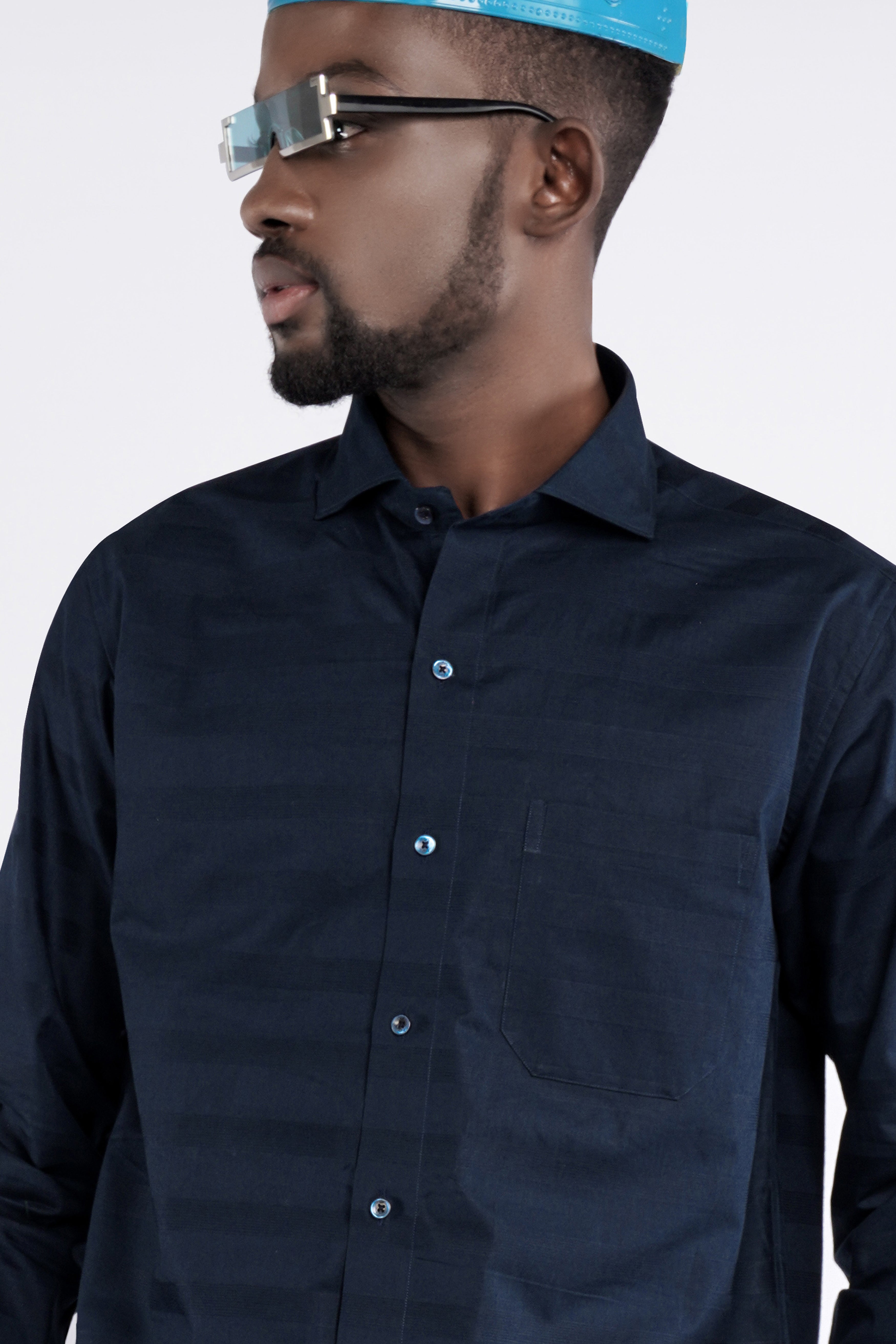 Ebony Clay Blue Dobby Textured Premium Giza Cotton Shirt