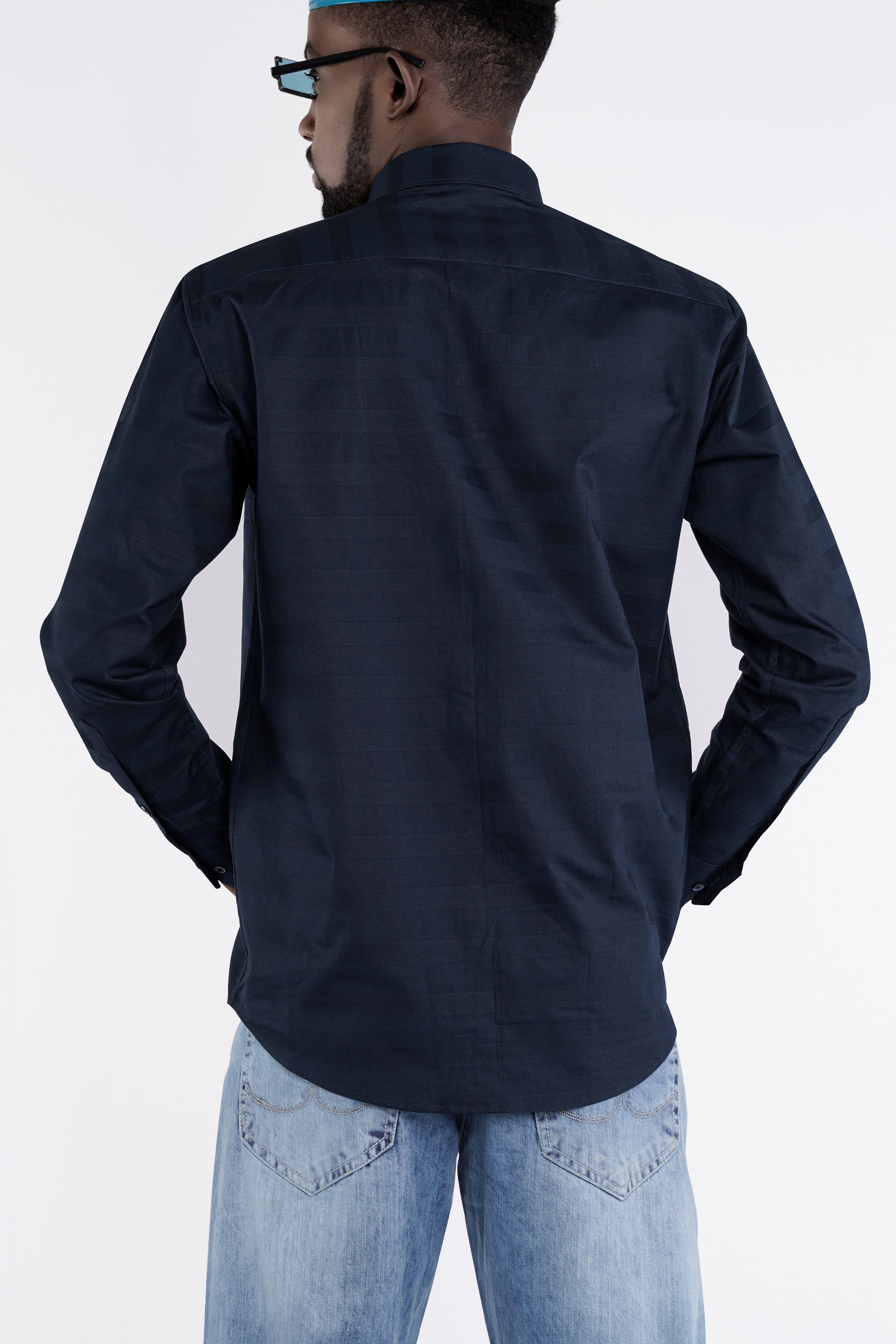 Ebony Clay Blue Dobby Textured Premium Giza Cotton Shirt