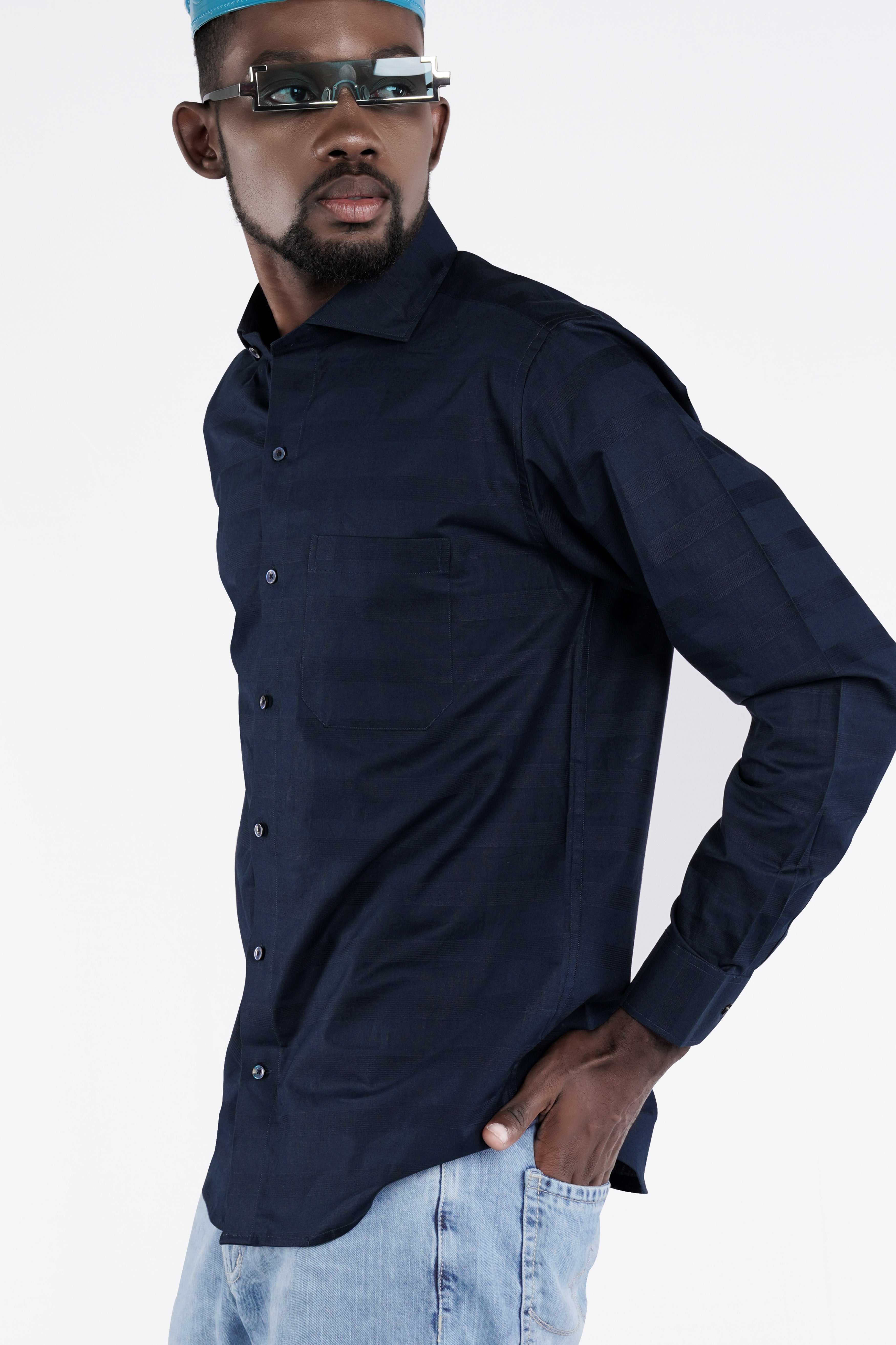 Ebony Clay Blue Dobby Textured Premium Giza Cotton Shirt