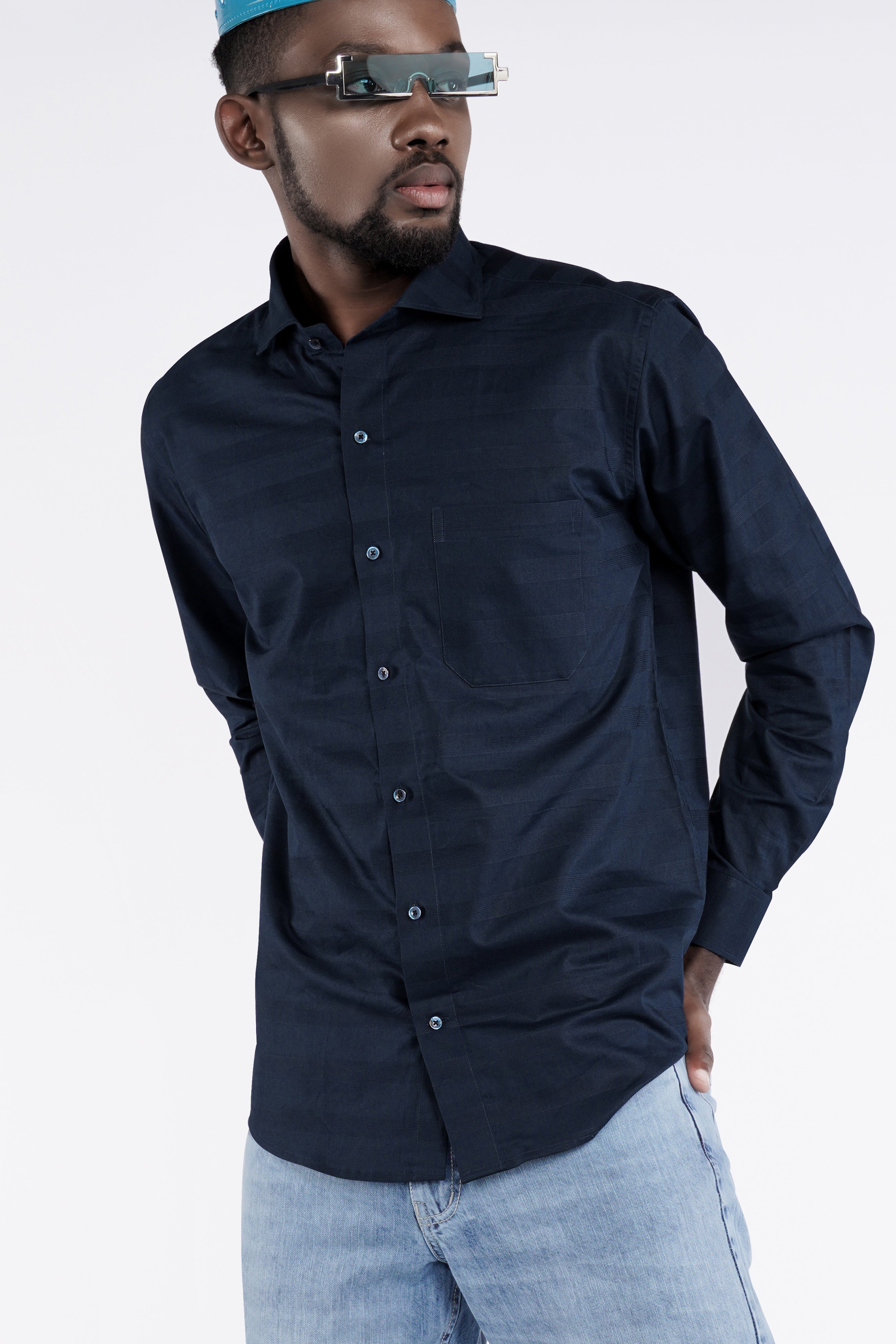 Ebony Clay Blue Dobby Textured Premium Giza Cotton Shirt