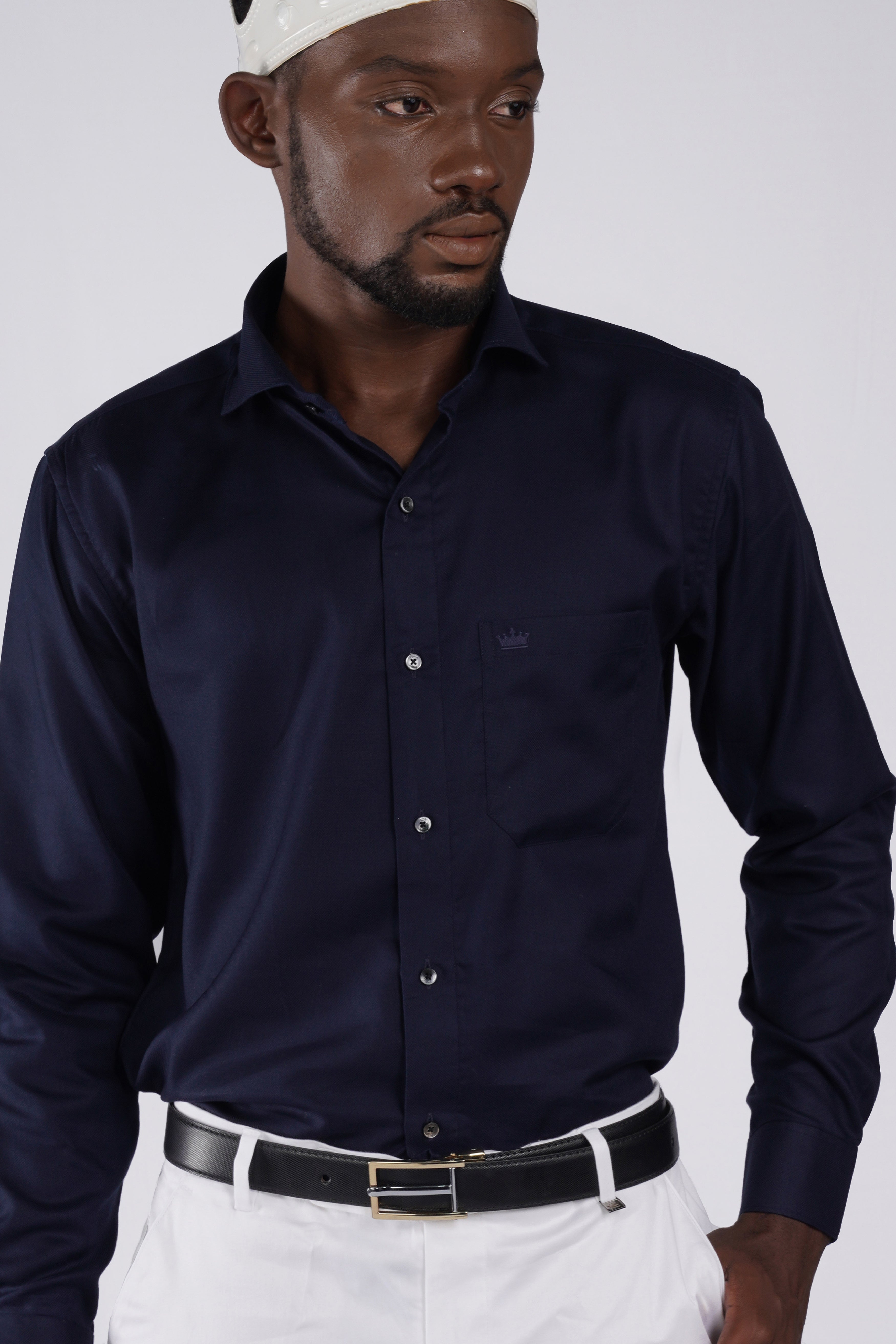 Cinder Navy Blue Dobby Textured Premium Giza Cotton Shirt