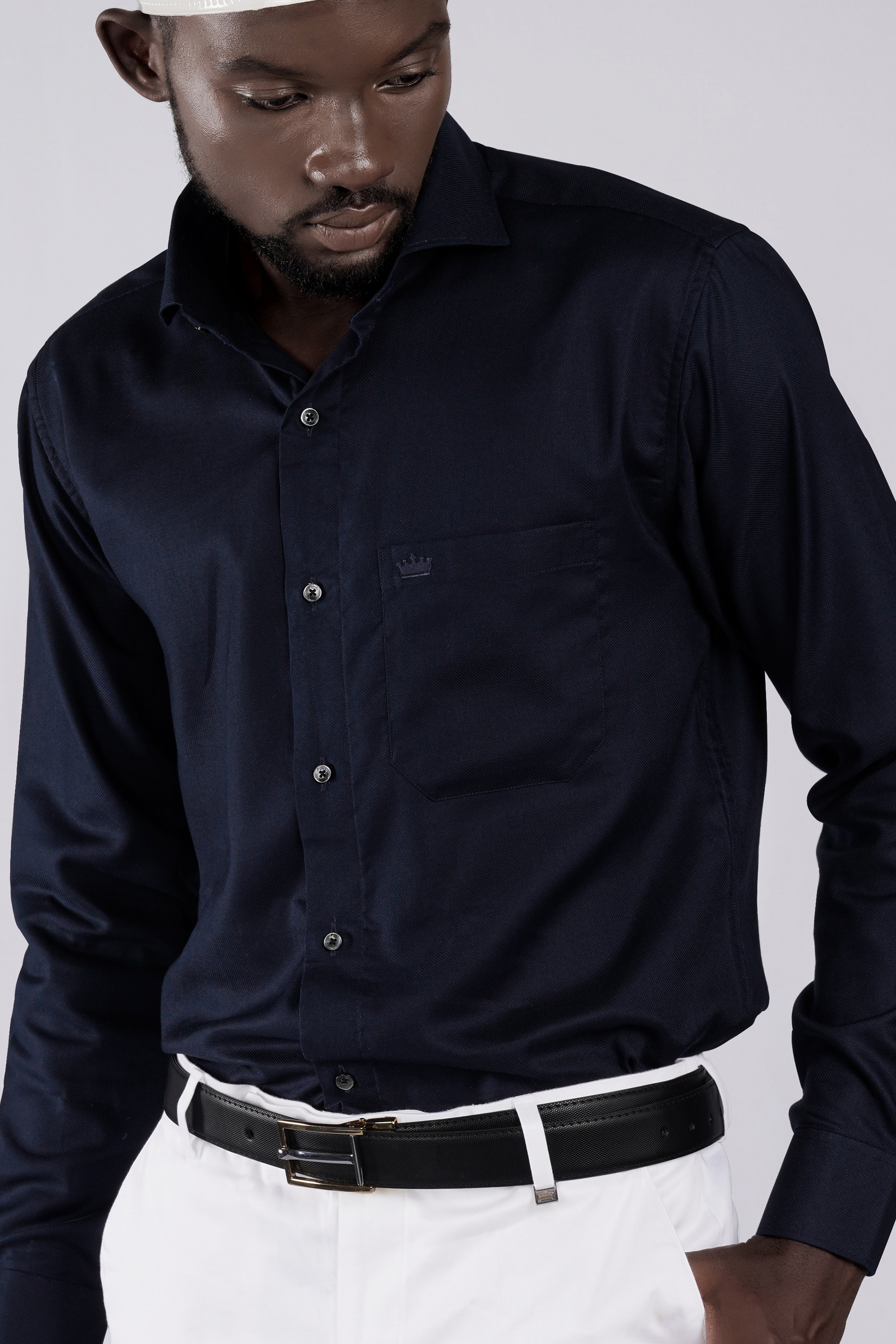 Cinder Navy Blue Dobby Textured Premium Giza Cotton Shirt