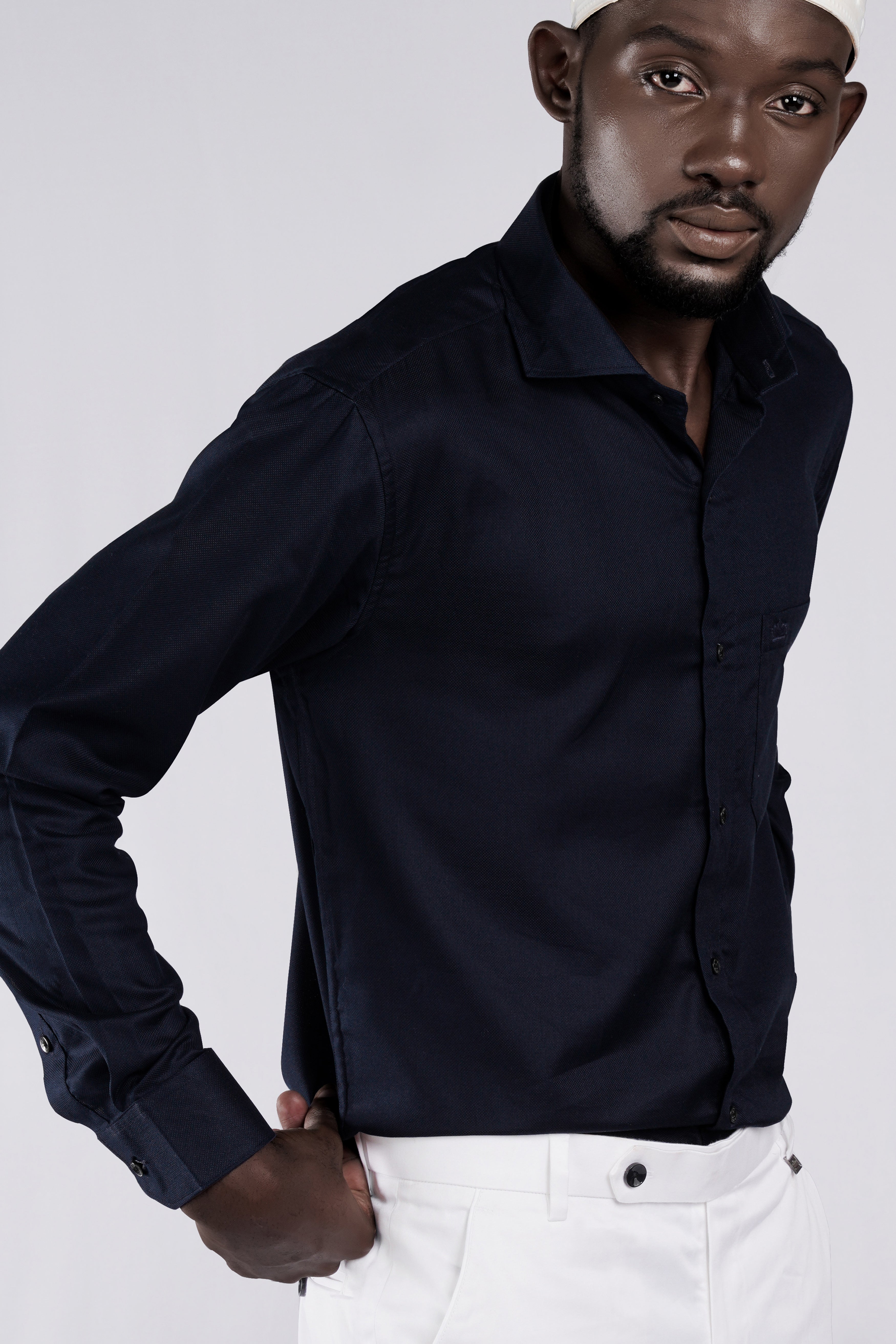 Cinder Navy Blue Dobby Textured Premium Giza Cotton Shirt