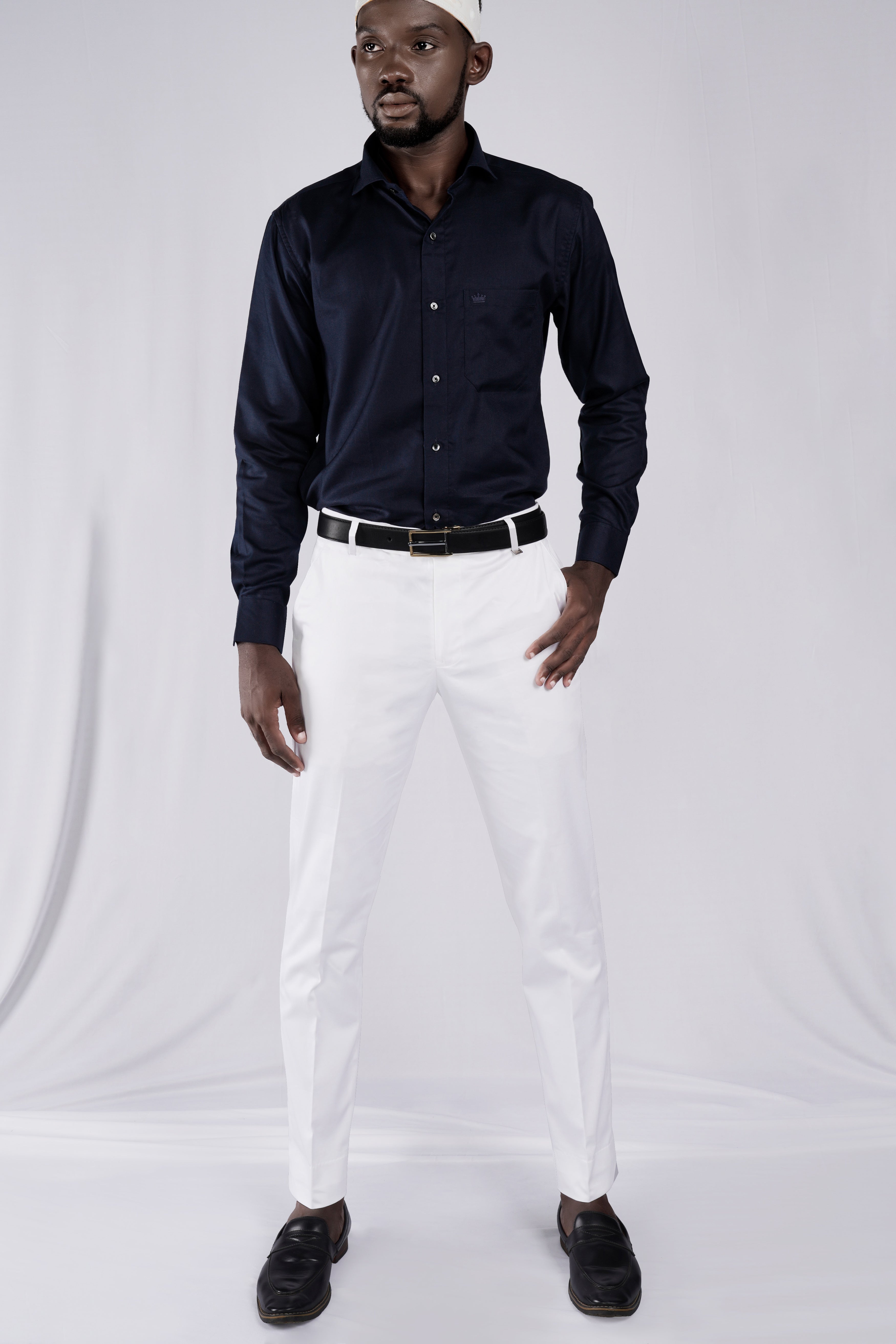 Cinder Navy Blue Dobby Textured Premium Giza Cotton Shirt