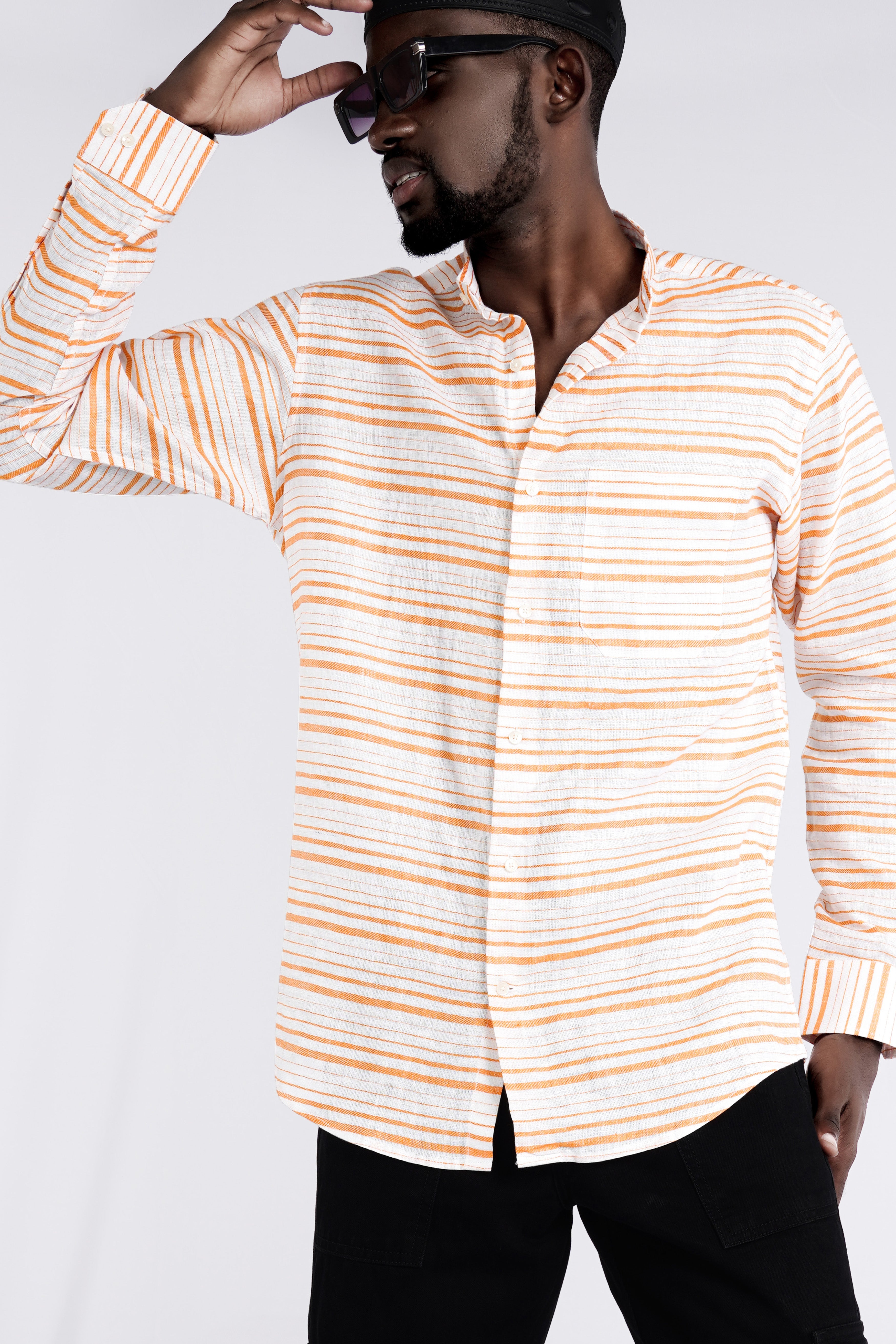 Rajah Orange and White Striped Luxurious Linen Shirt