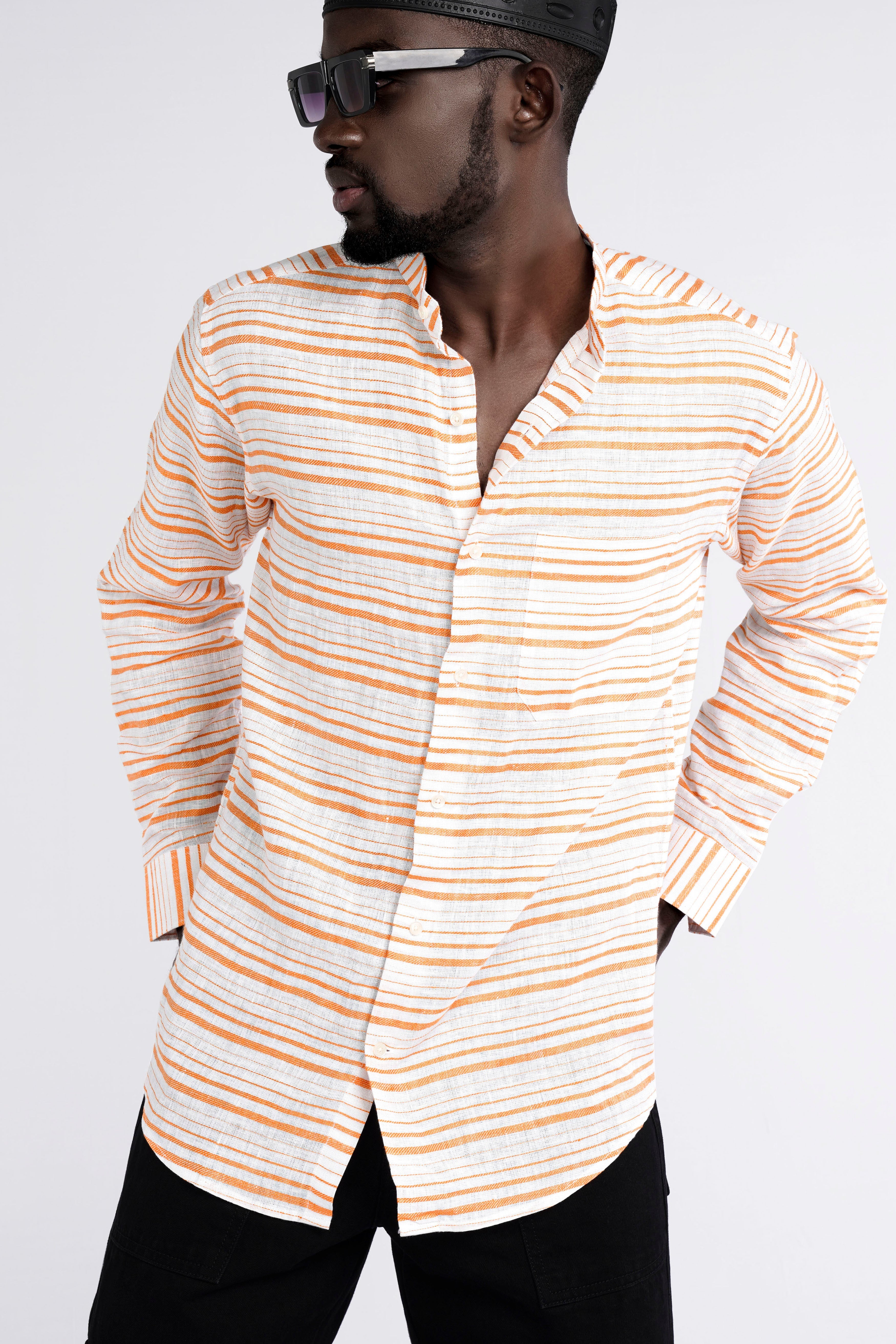 Rajah Orange and White Striped Luxurious Linen Shirt