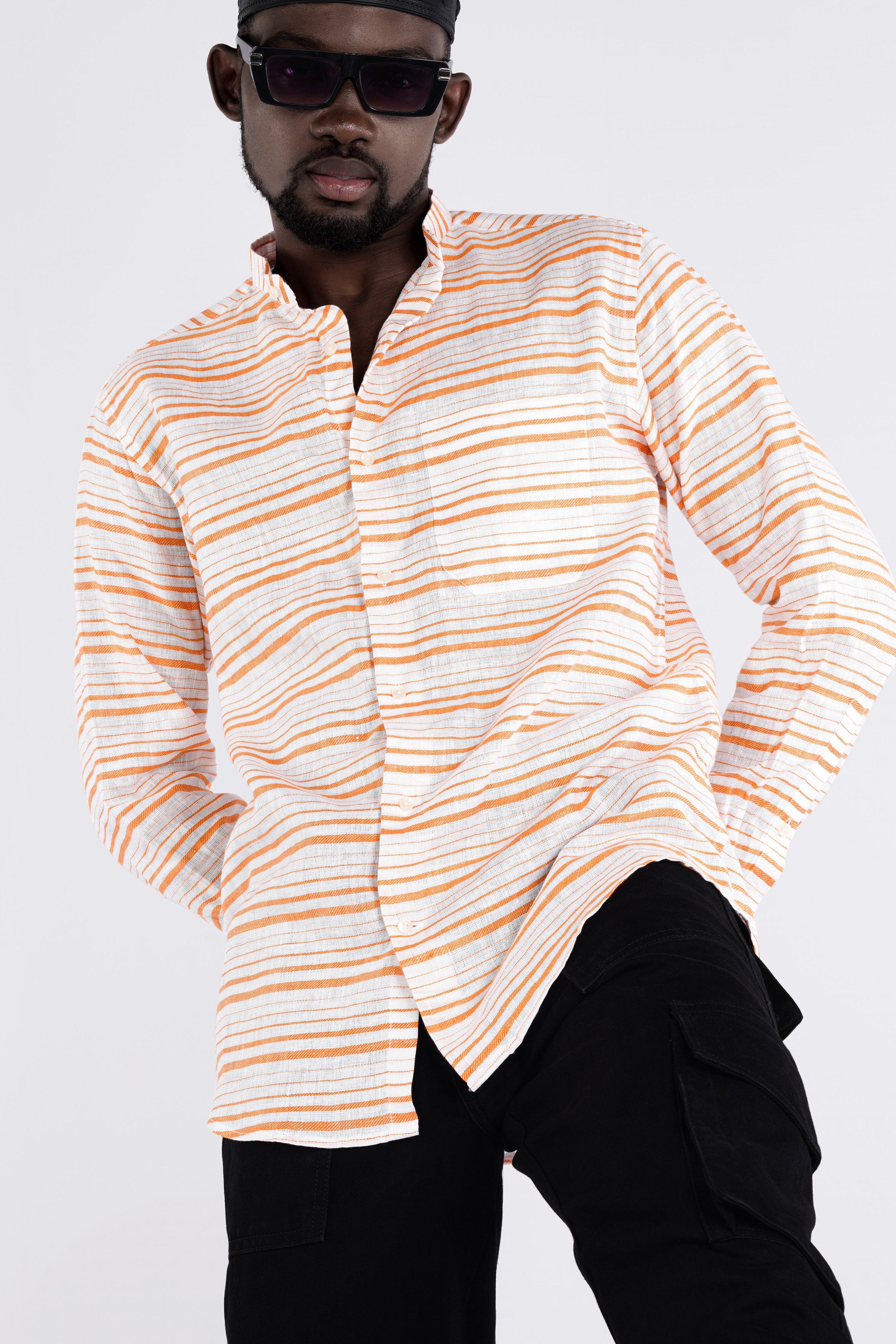 Rajah Orange and White Striped Luxurious Linen Shirt