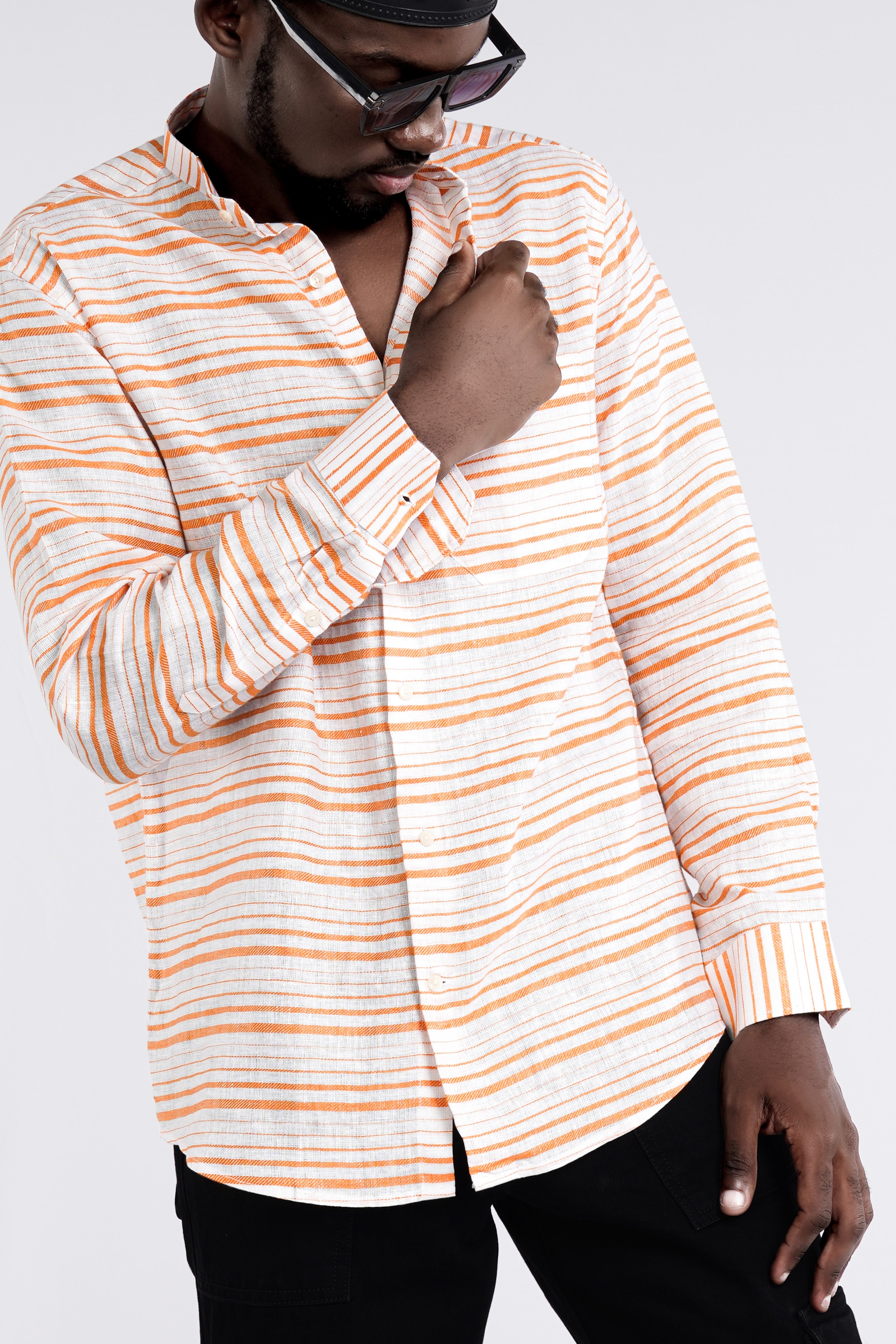 Rajah Orange and White Striped Luxurious Linen Shirt