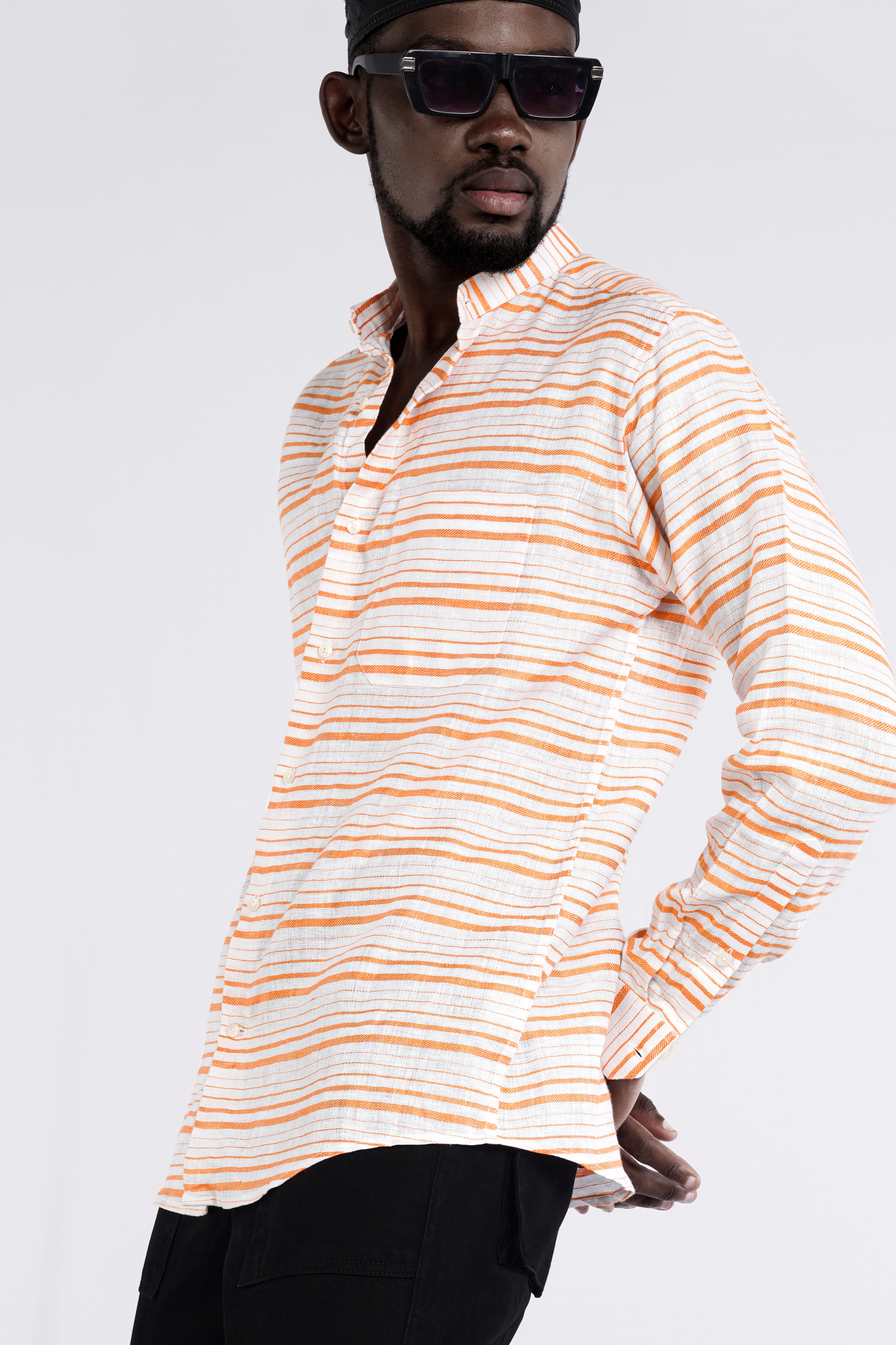 Rajah Orange and White Striped Luxurious Linen Shirt