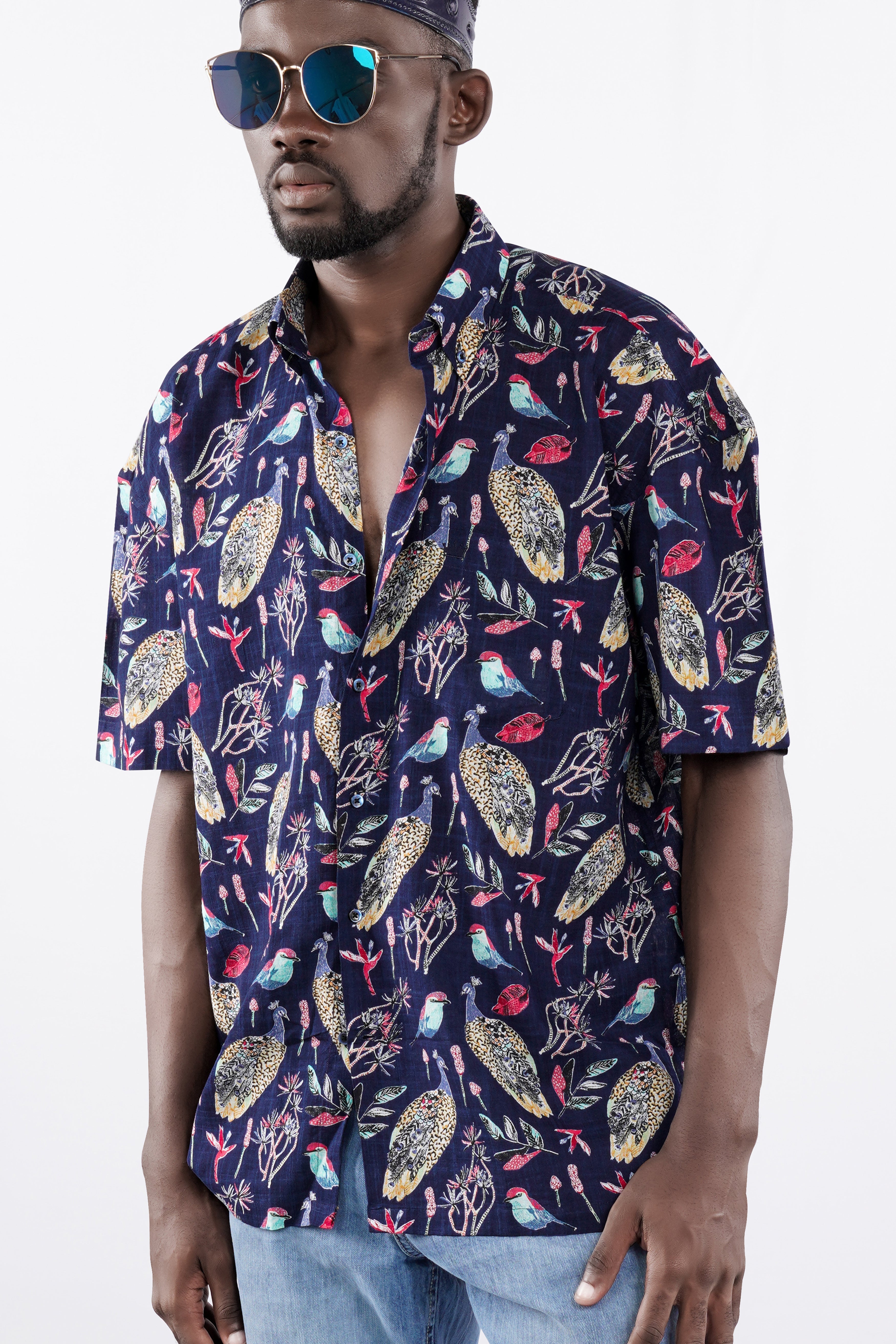 Haiti Navy Blue Peacock Printed Lightweight Premium Cotton Oversized Shirt