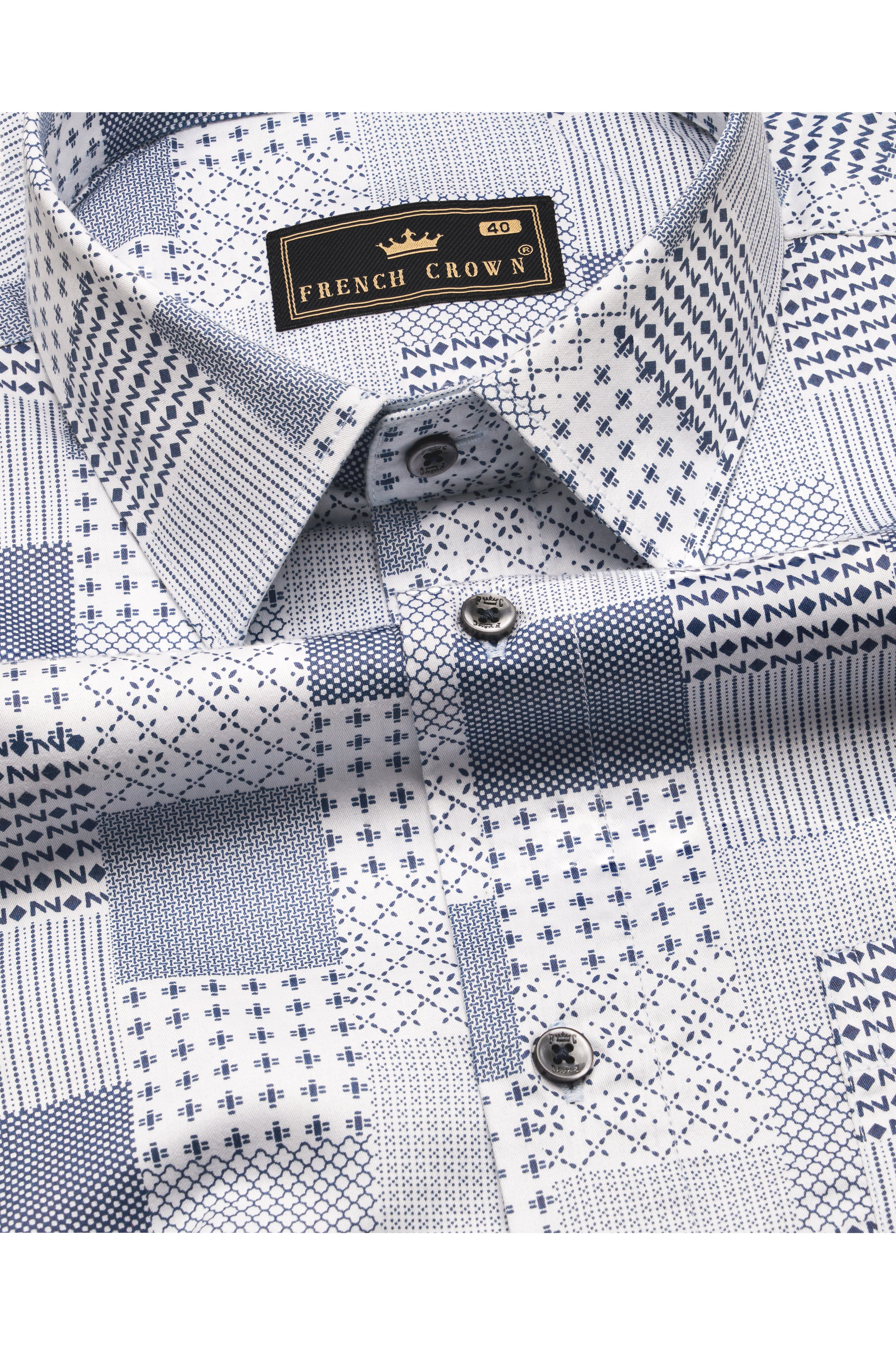 Bright White with Bluewood Blue Square Printed Super Soft Premium Cotton Shirts