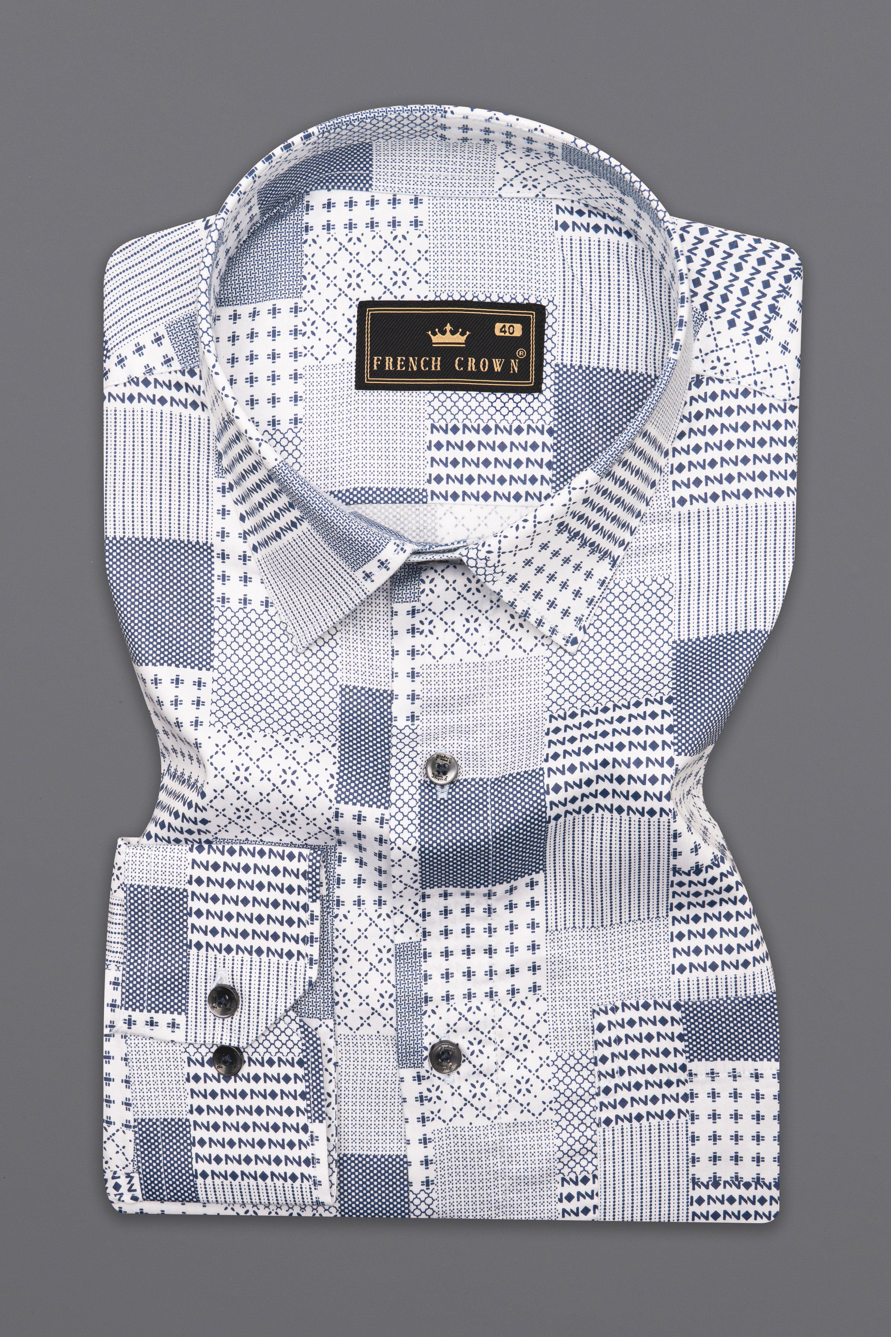 Bright White with Bluewood Blue Square Printed Super Soft Premium Cotton Shirts