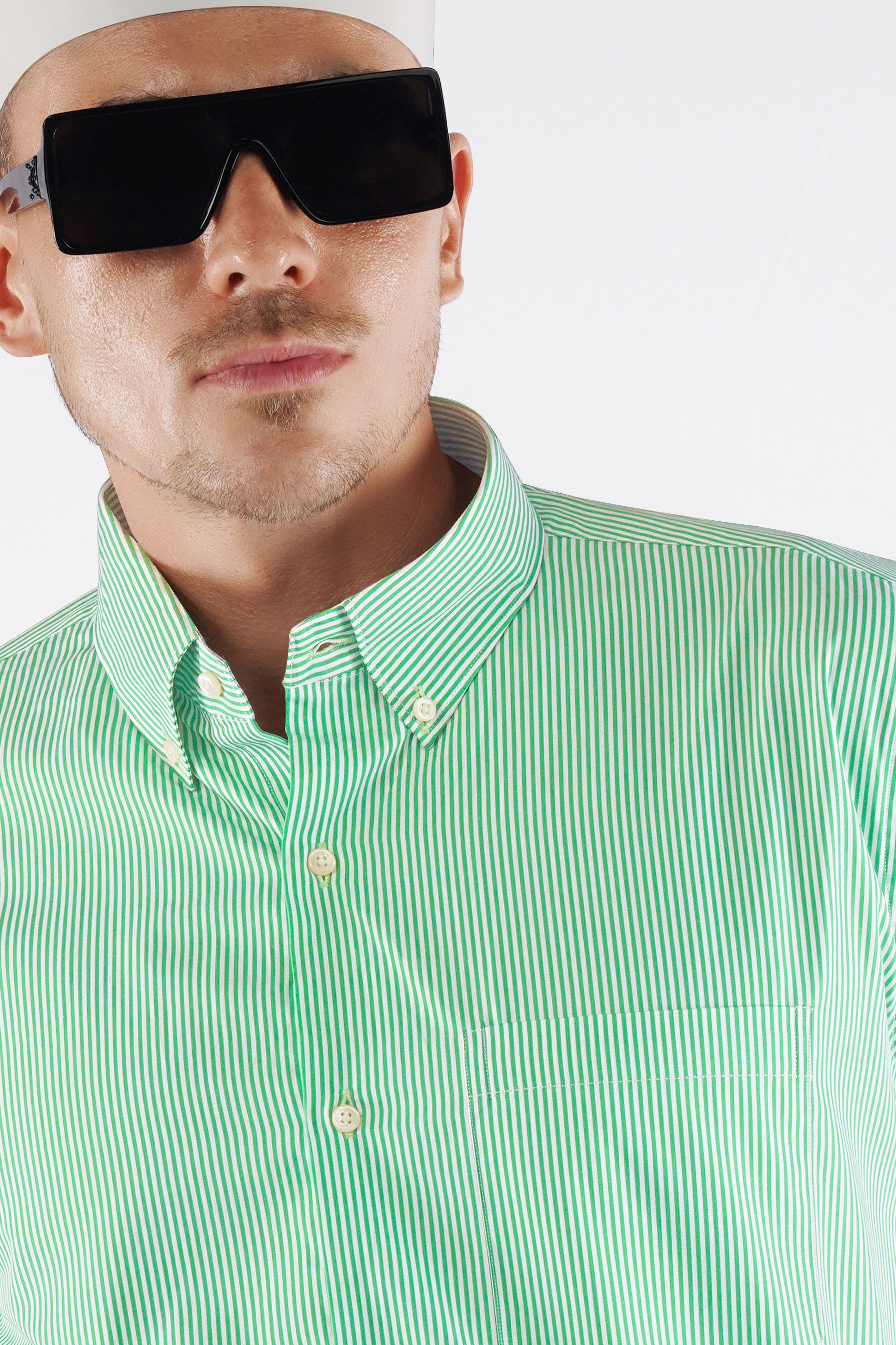 Downy Green Pinstriped Premium Cotton Button Down Shirt