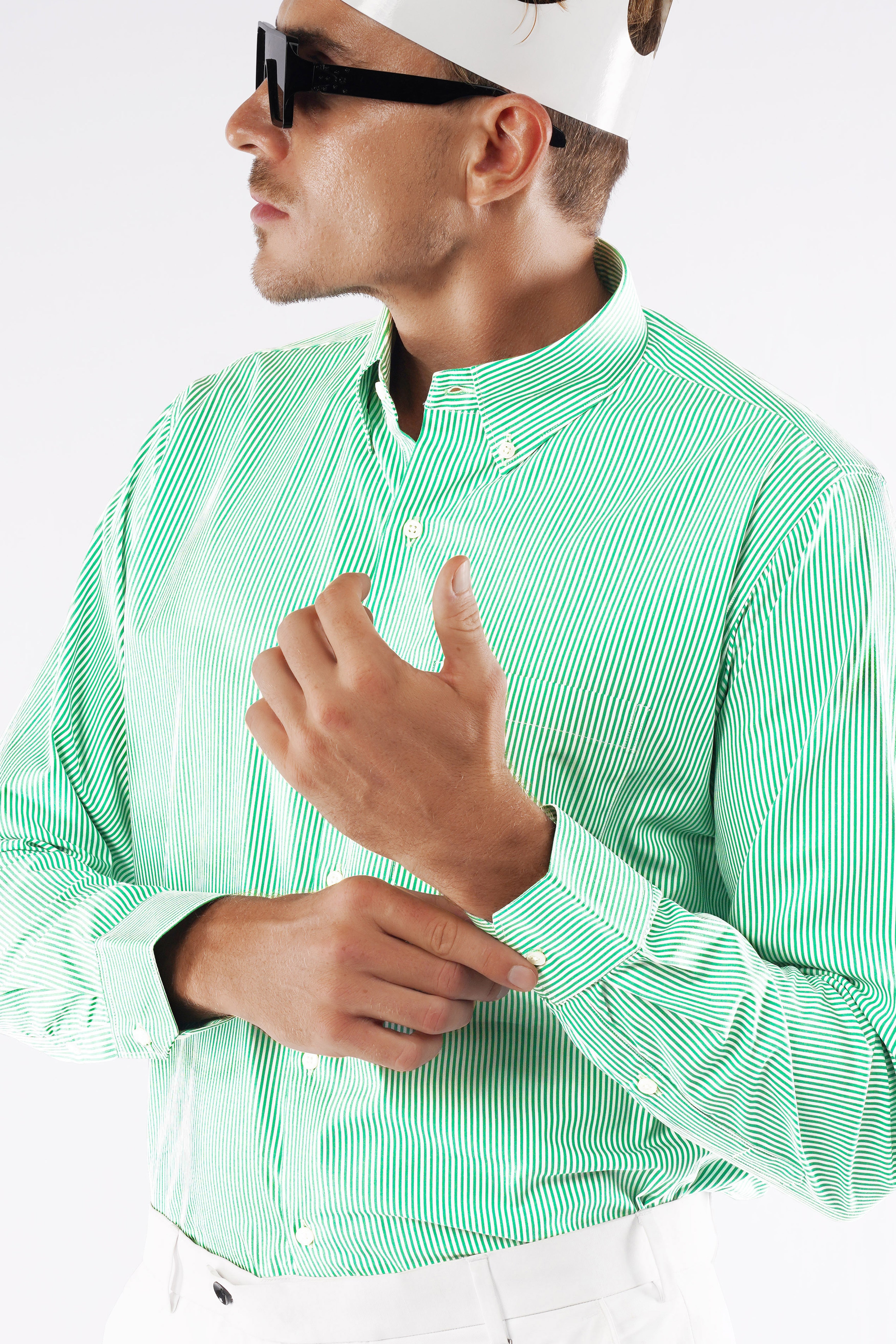 Downy Green Pinstriped Premium Cotton Button Down Shirt