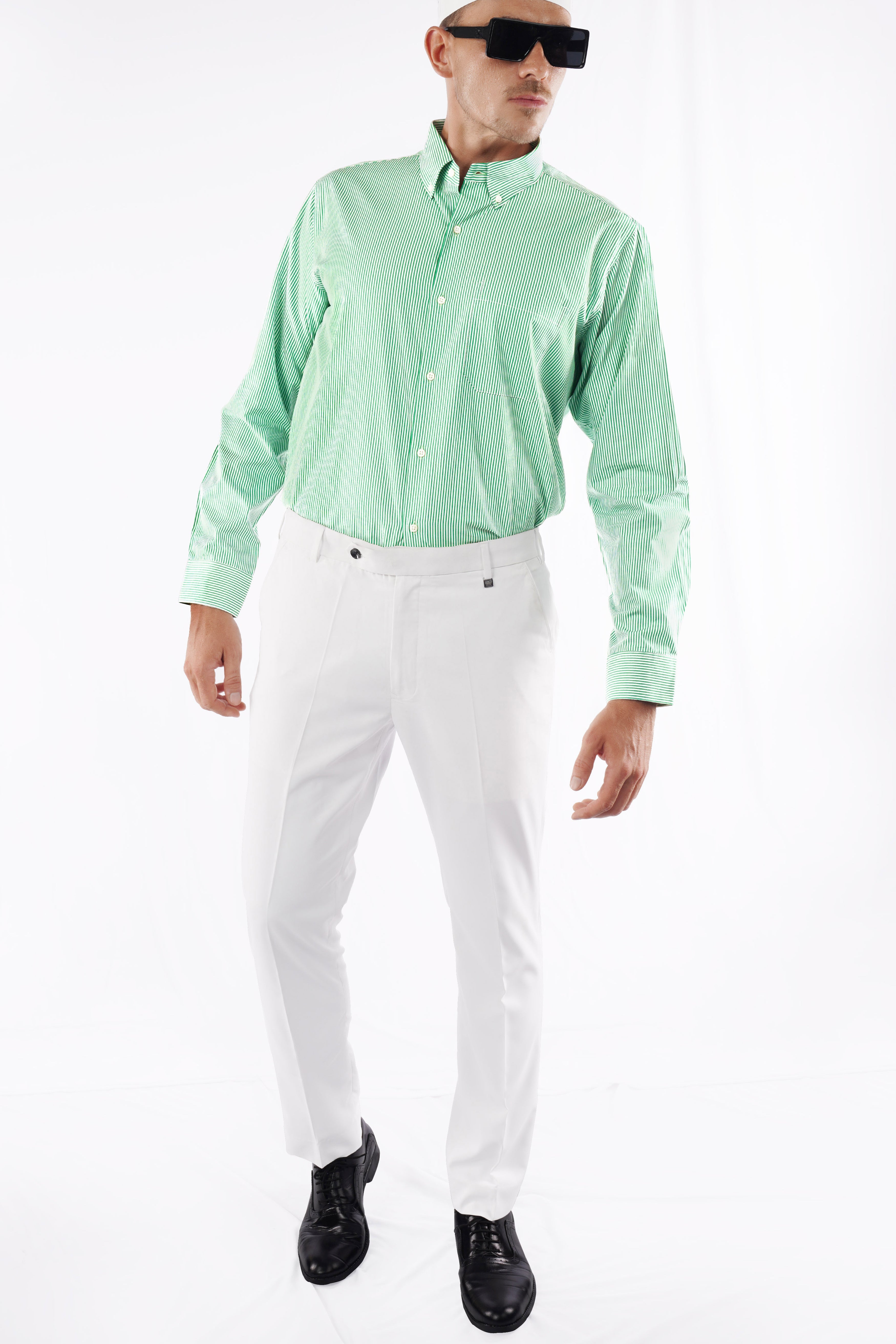 Downy Green Pinstriped Premium Cotton Button Down Shirt