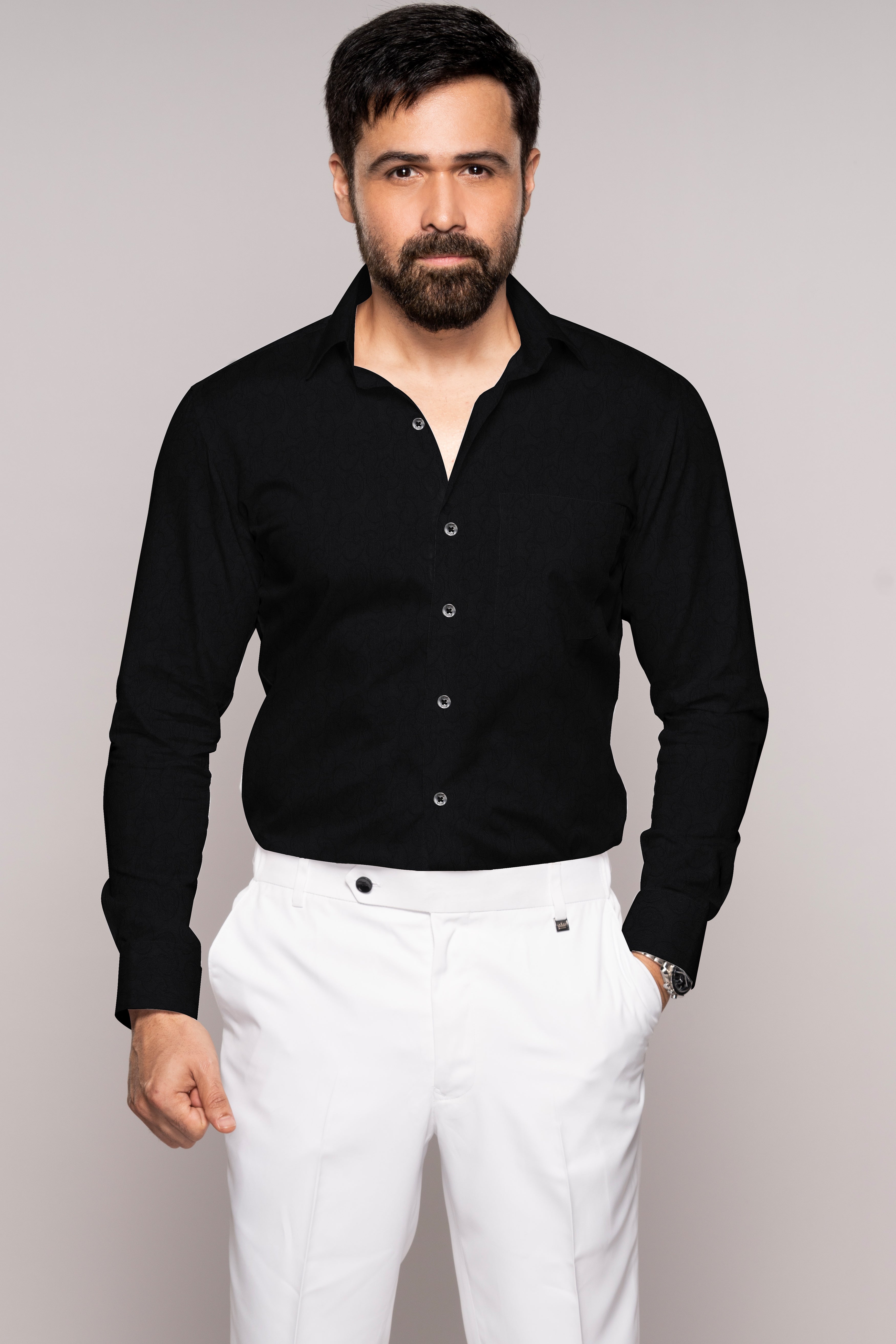 Jade Black Jacquard Textured Premium Giza Cotton Shirt