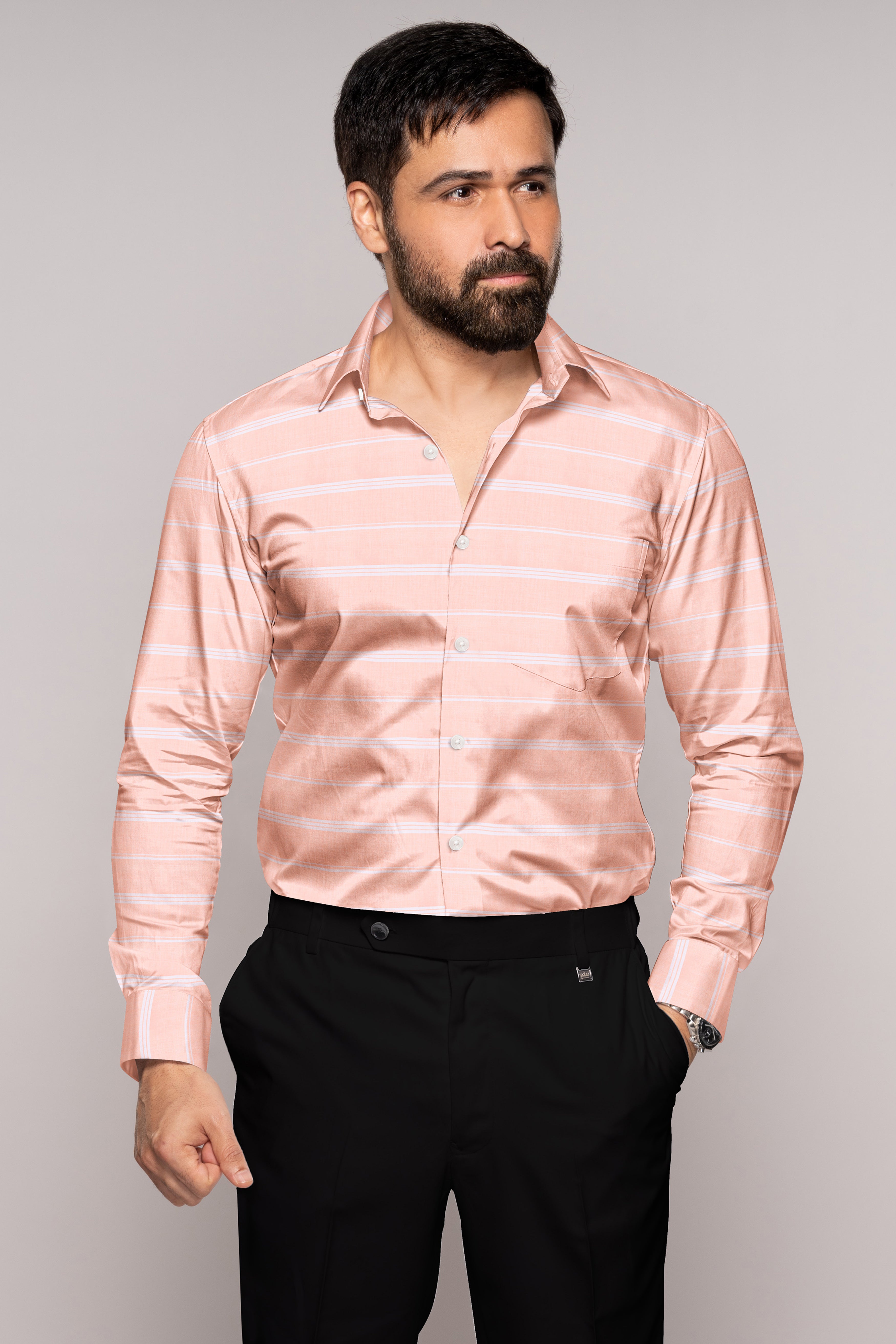 Almond Peach and White Striped Royal Oxford Shirt