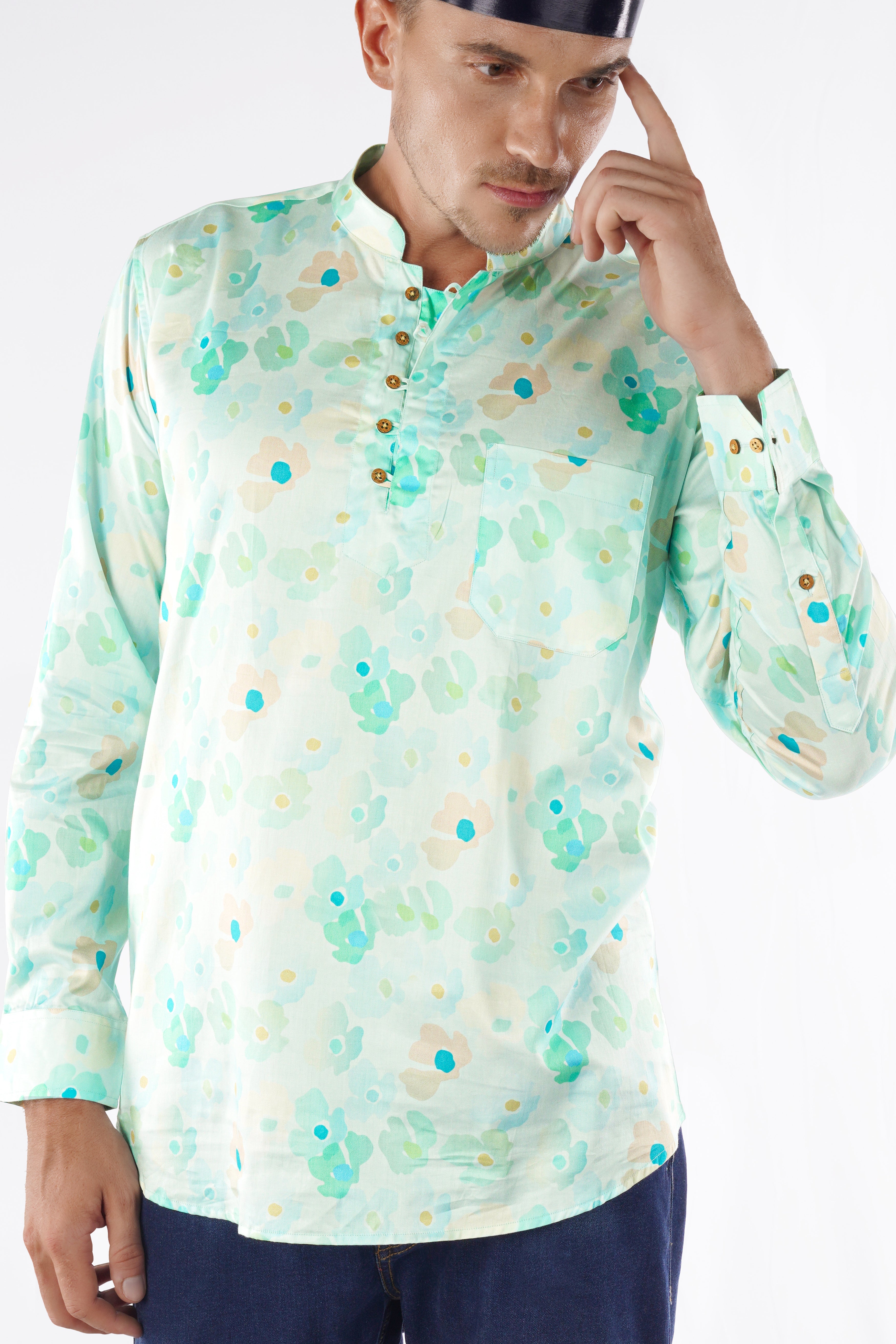 Periglacial Green with Aqua Blue Printed Super Soft Premium Cotton Kurta Shirt