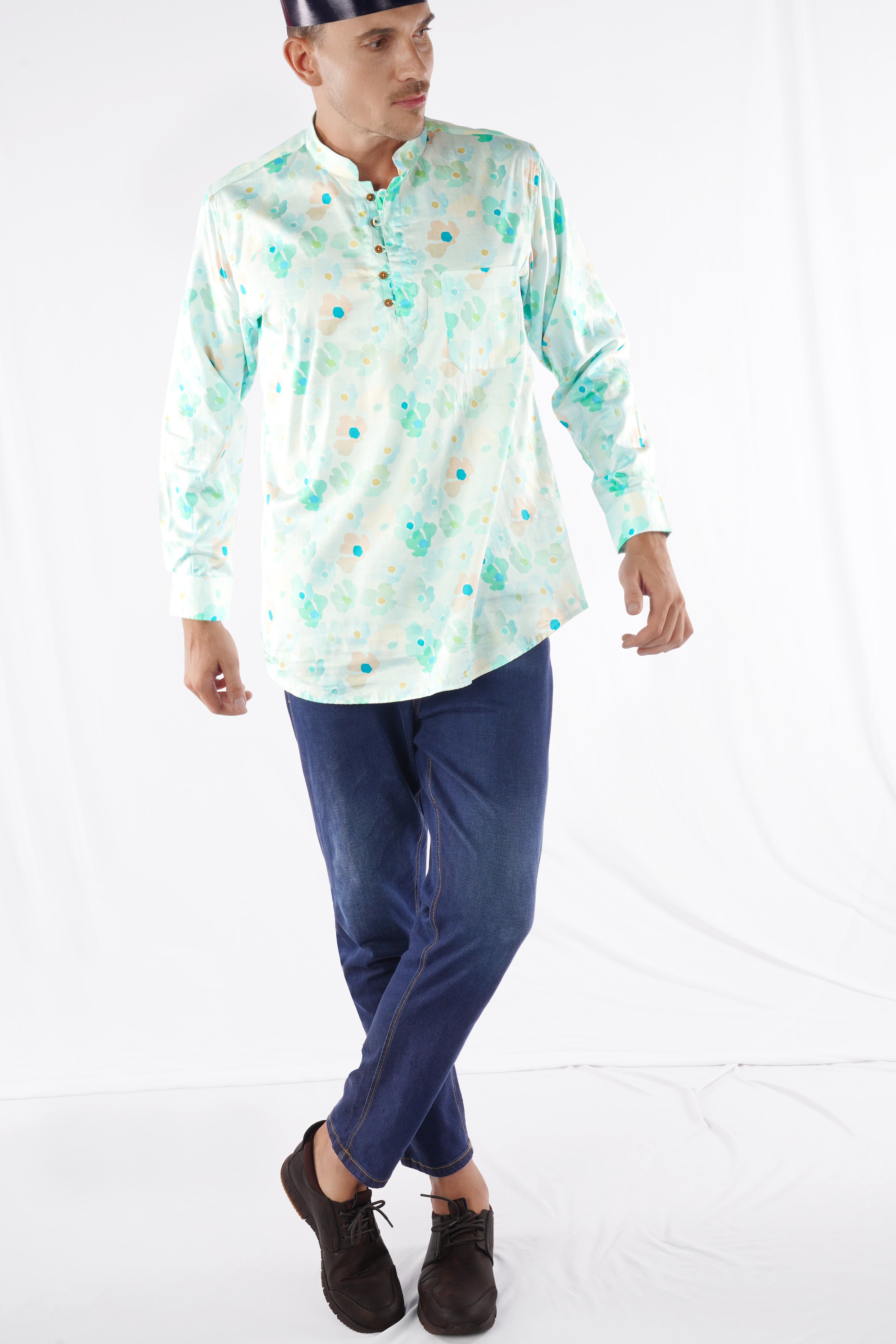 Periglacial Green with Aqua Blue Printed Super Soft Premium Cotton Kurta Shirt