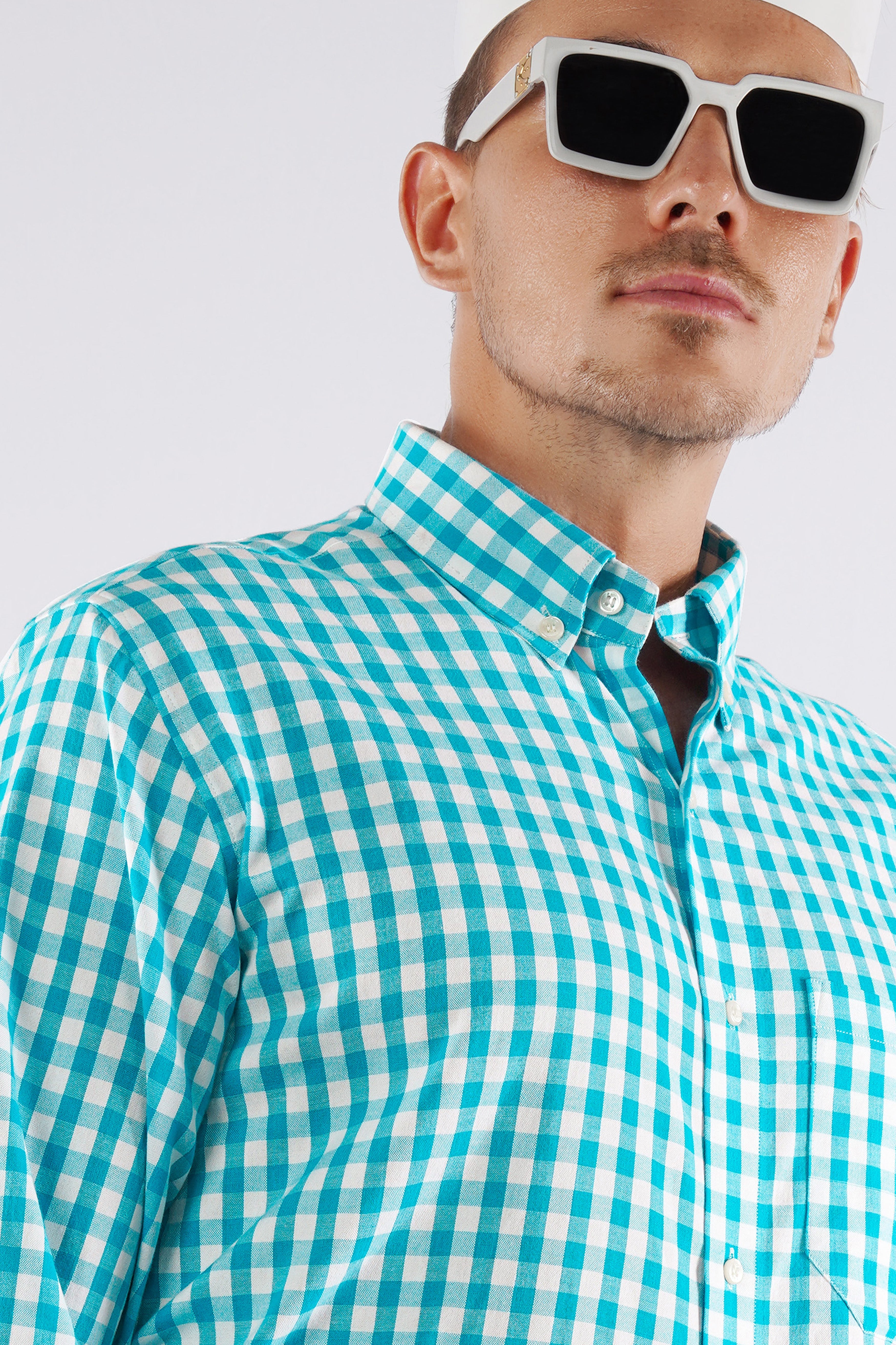 Cerulean Aqua Blue and White Checkered Royal Oxford Shirt