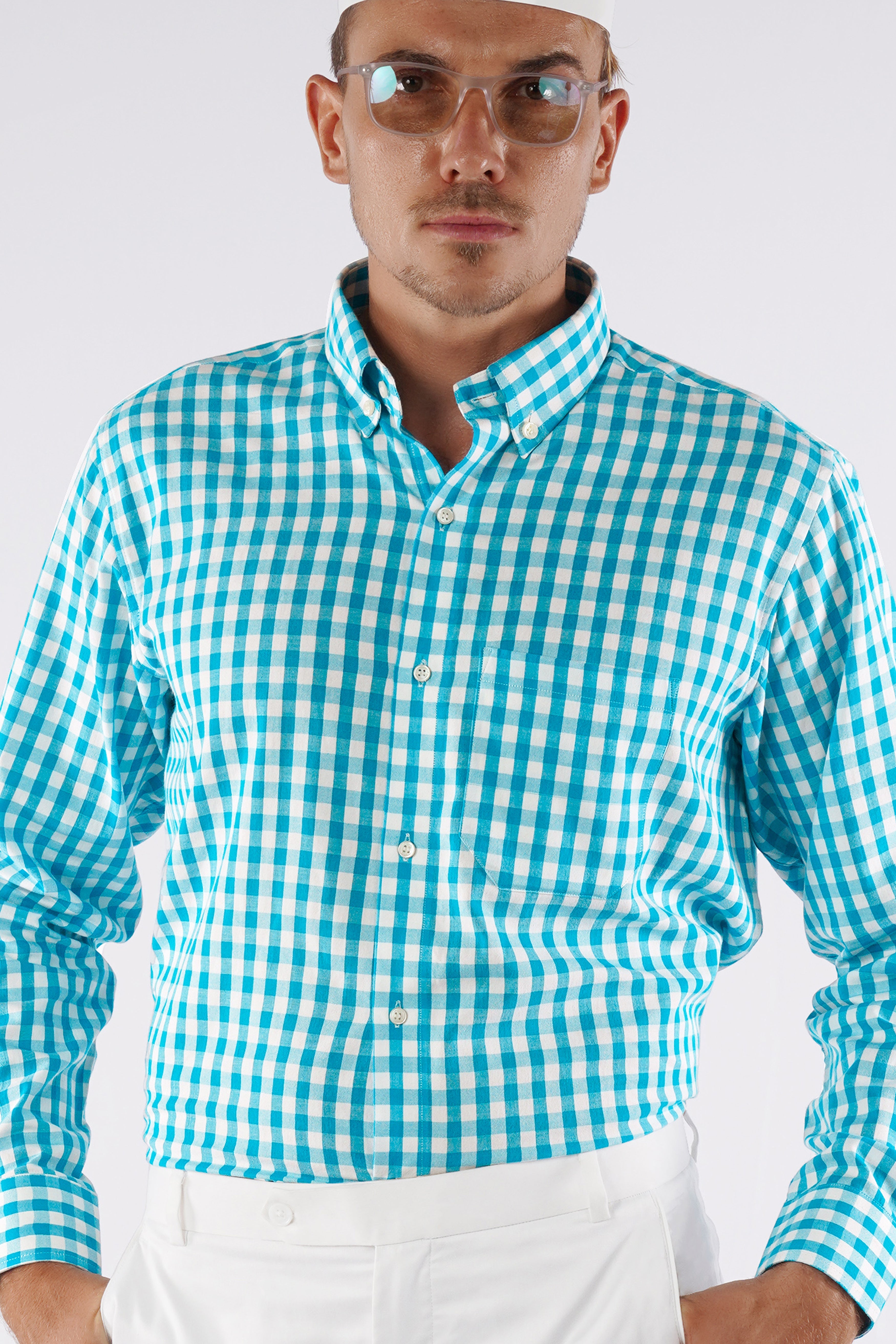 Cerulean Aqua Blue and White Checkered Royal Oxford Shirt