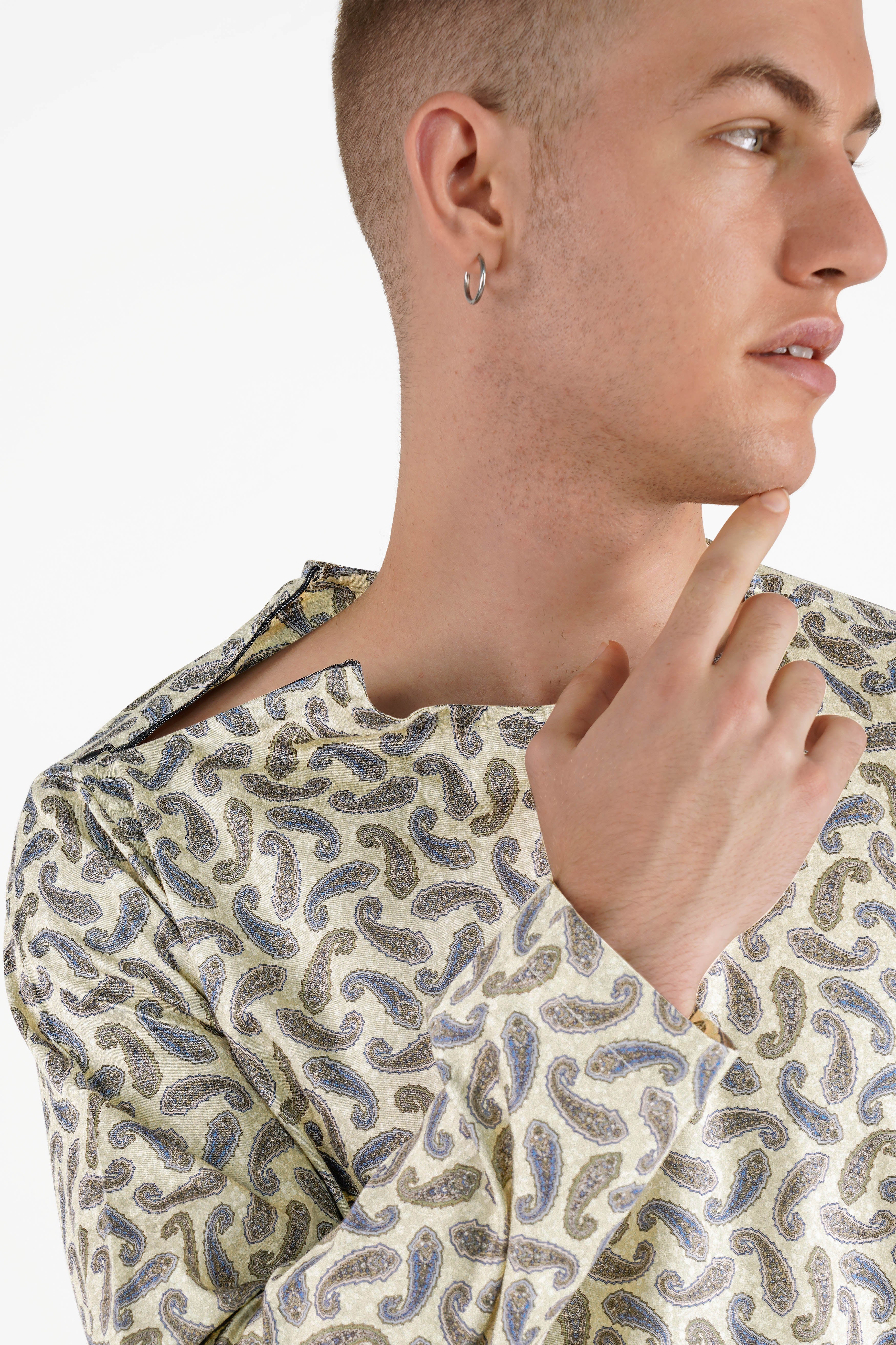 Hampton Yellow with Multicoloured Paisley Printed Shoulder Zipper Closer Premium Cotton Designer Shirt