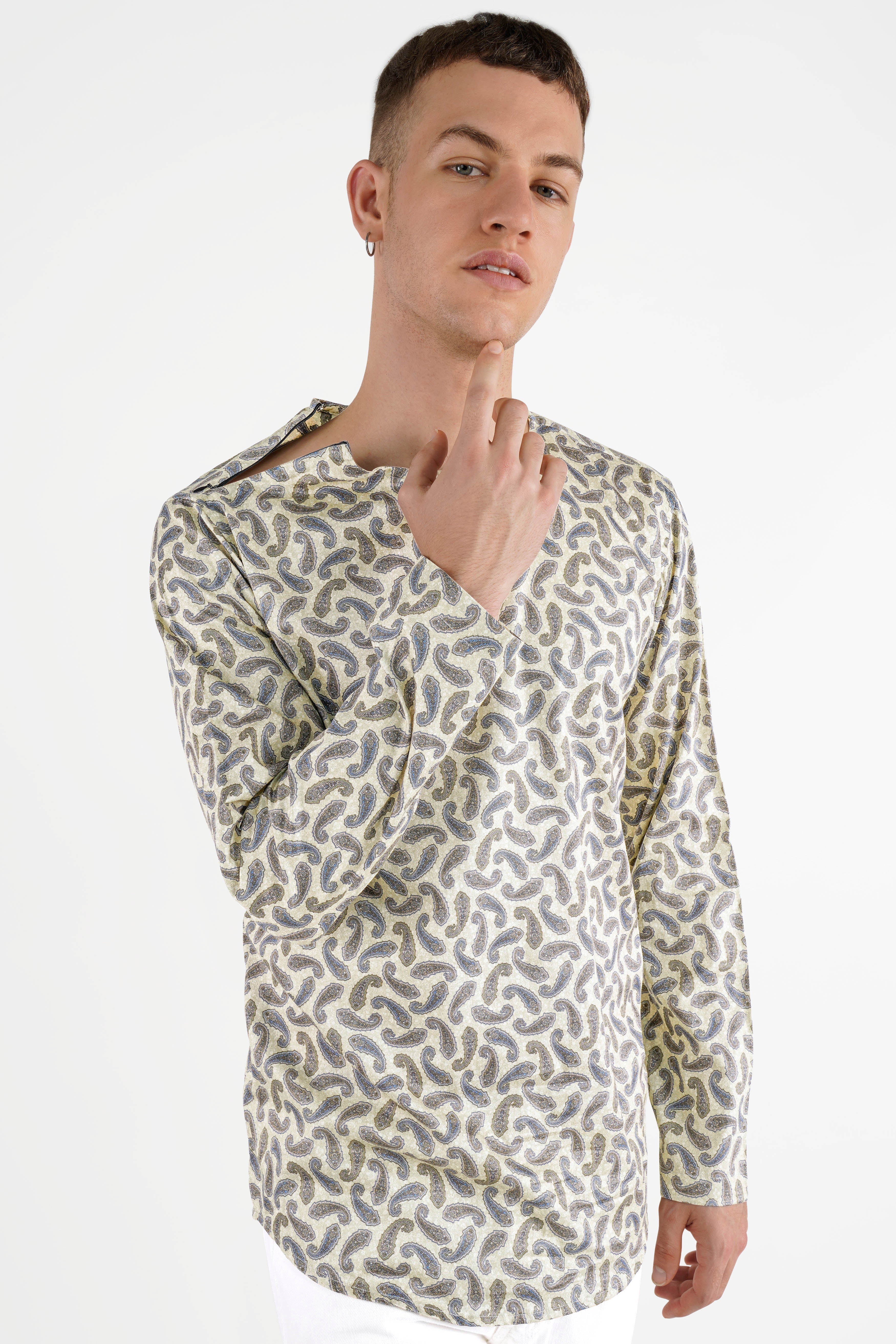 Hampton Yellow with Multicoloured Paisley Printed Shoulder Zipper Closer Premium Cotton Designer Shirt