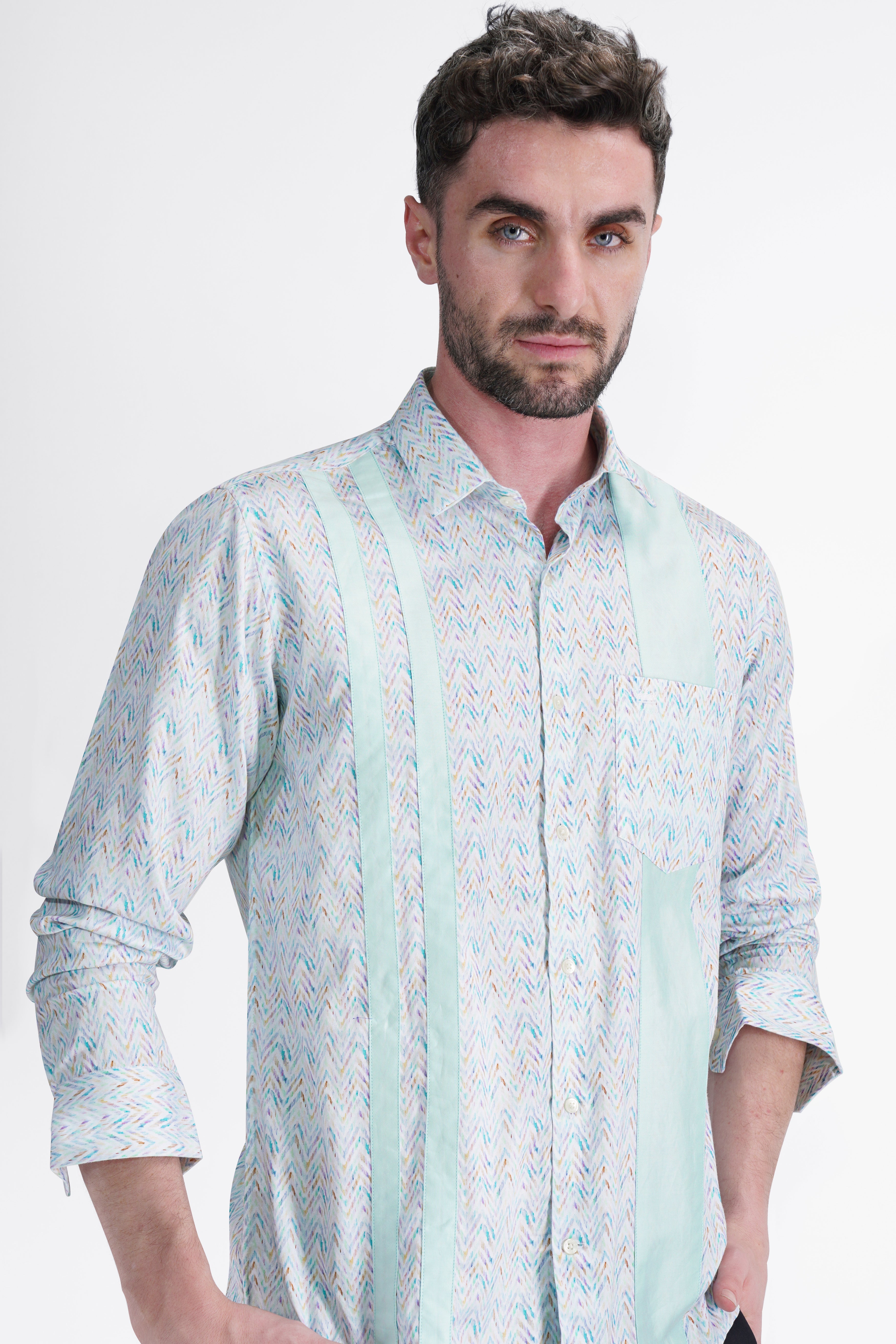 Ziggurat Blue with Multi-coloured (Patch Worked) Super Soft Premium Cotton Designer Shirt