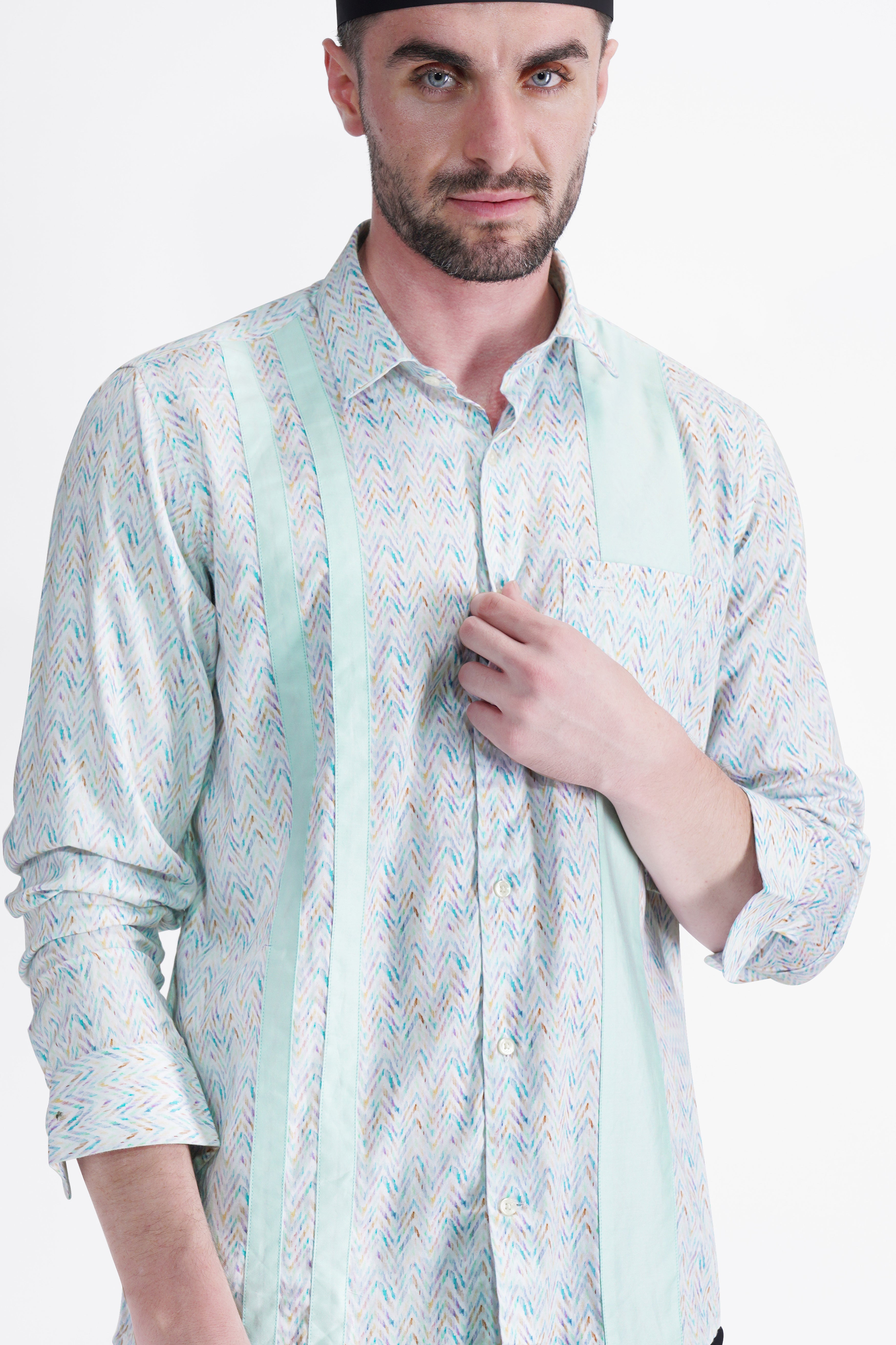 Ziggurat Blue with Multi-coloured (Patch Worked) Super Soft Premium Cotton Designer Shirt