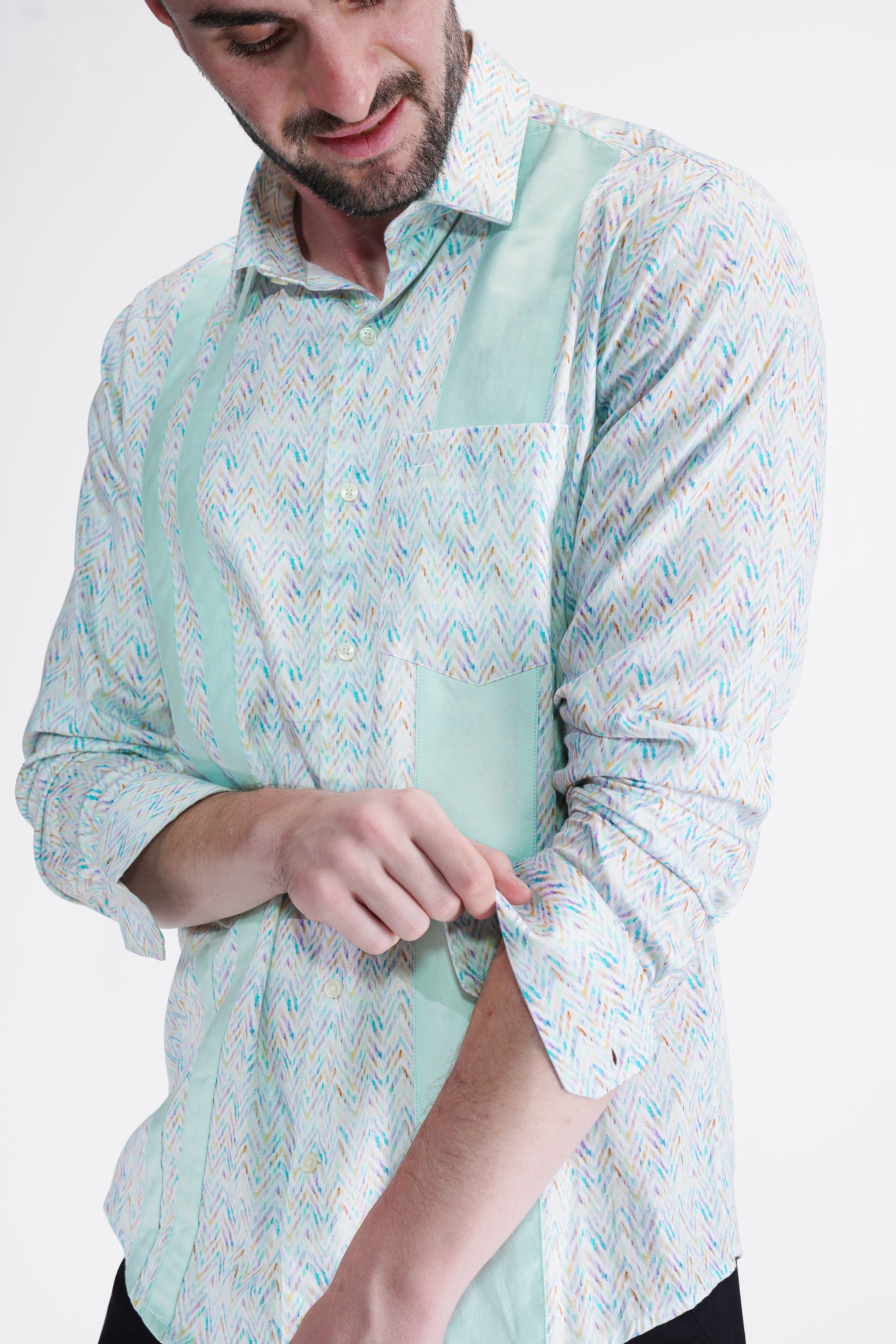 Ziggurat Blue with Multi-coloured (Patch Worked) Super Soft Premium Cotton Designer Shirt