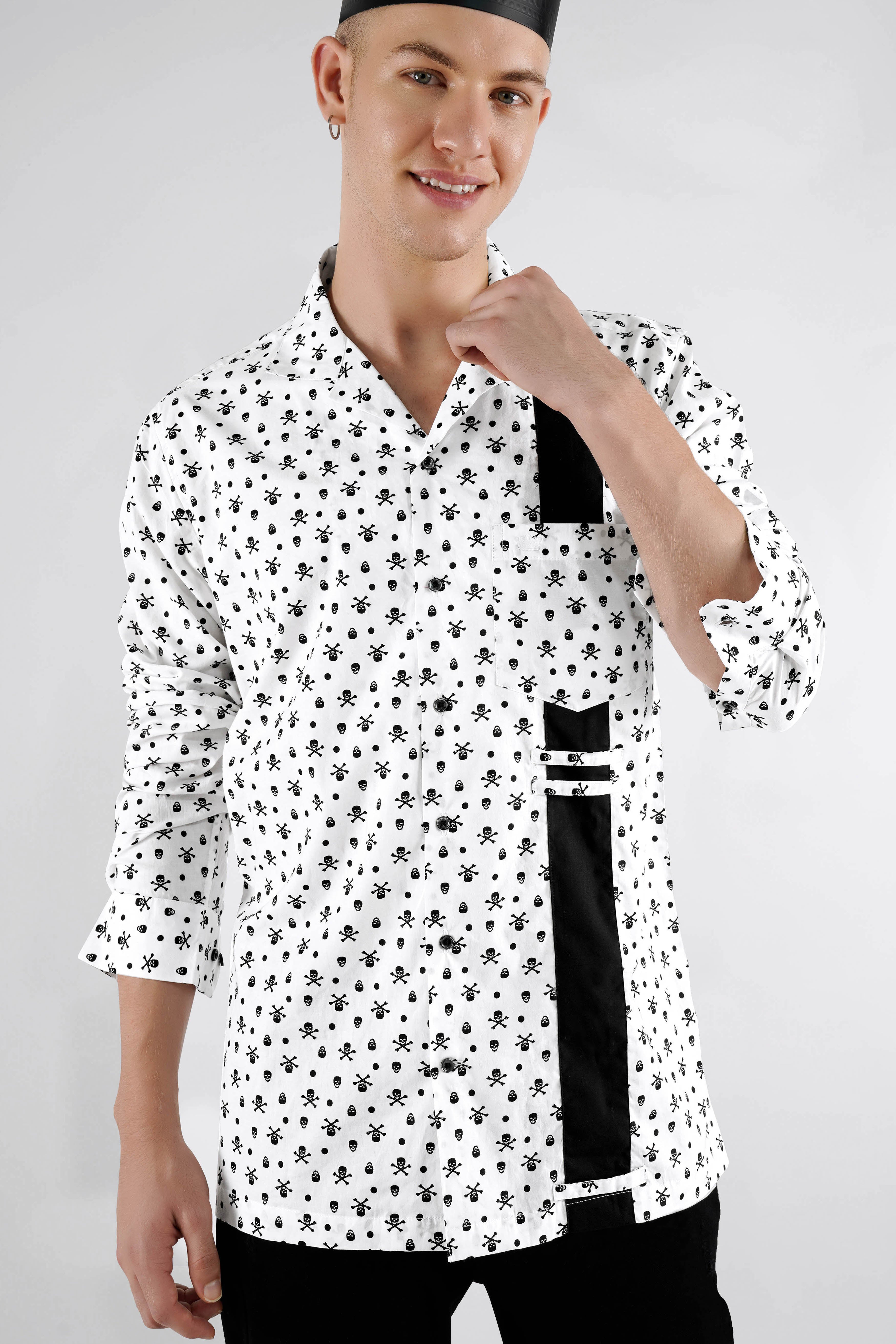 Bright White with Black Patch Premium Cotton Designer Shirt