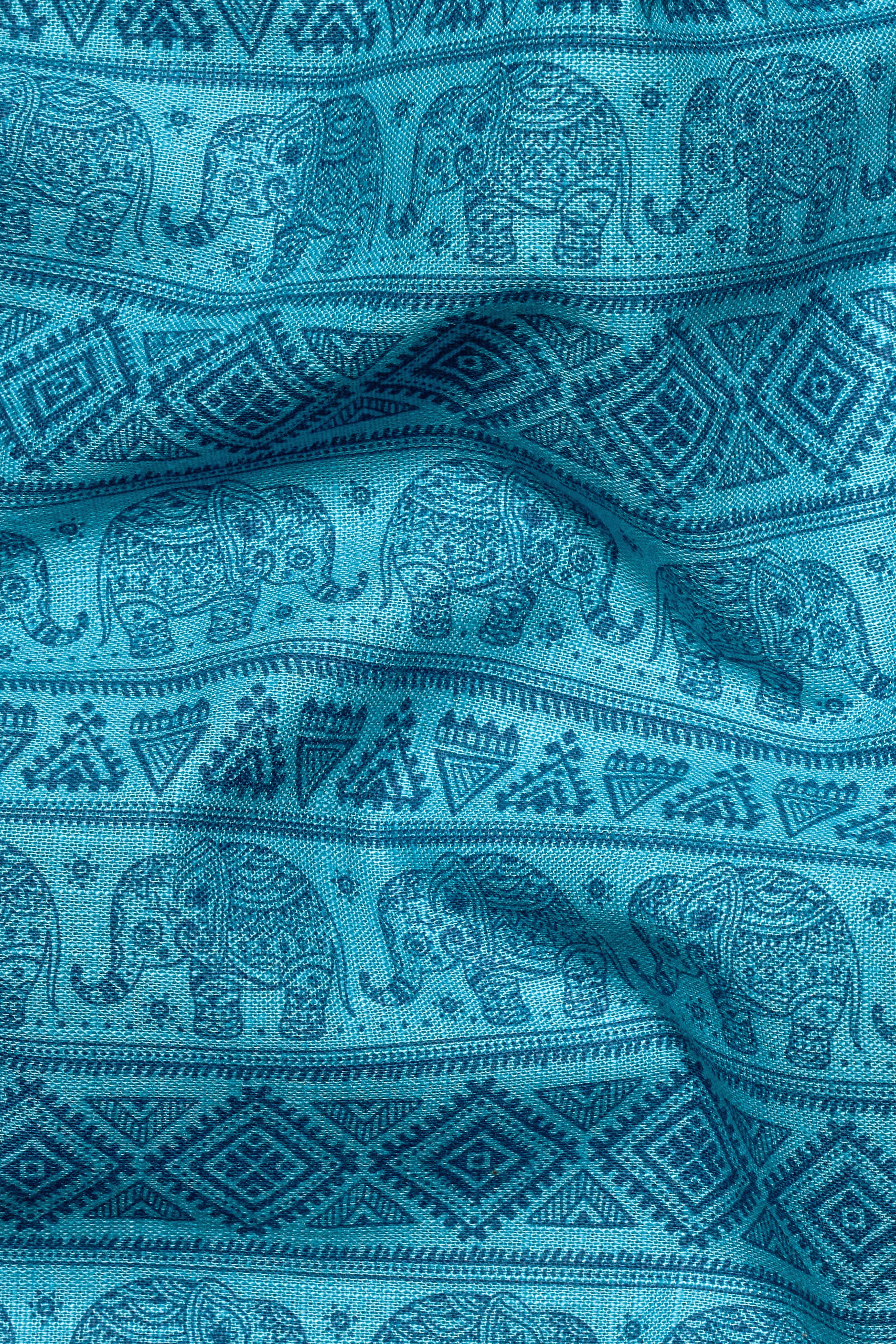 Turquoise Aqua Blue Tribal Printed Luxurious Linen Kurta Shirt