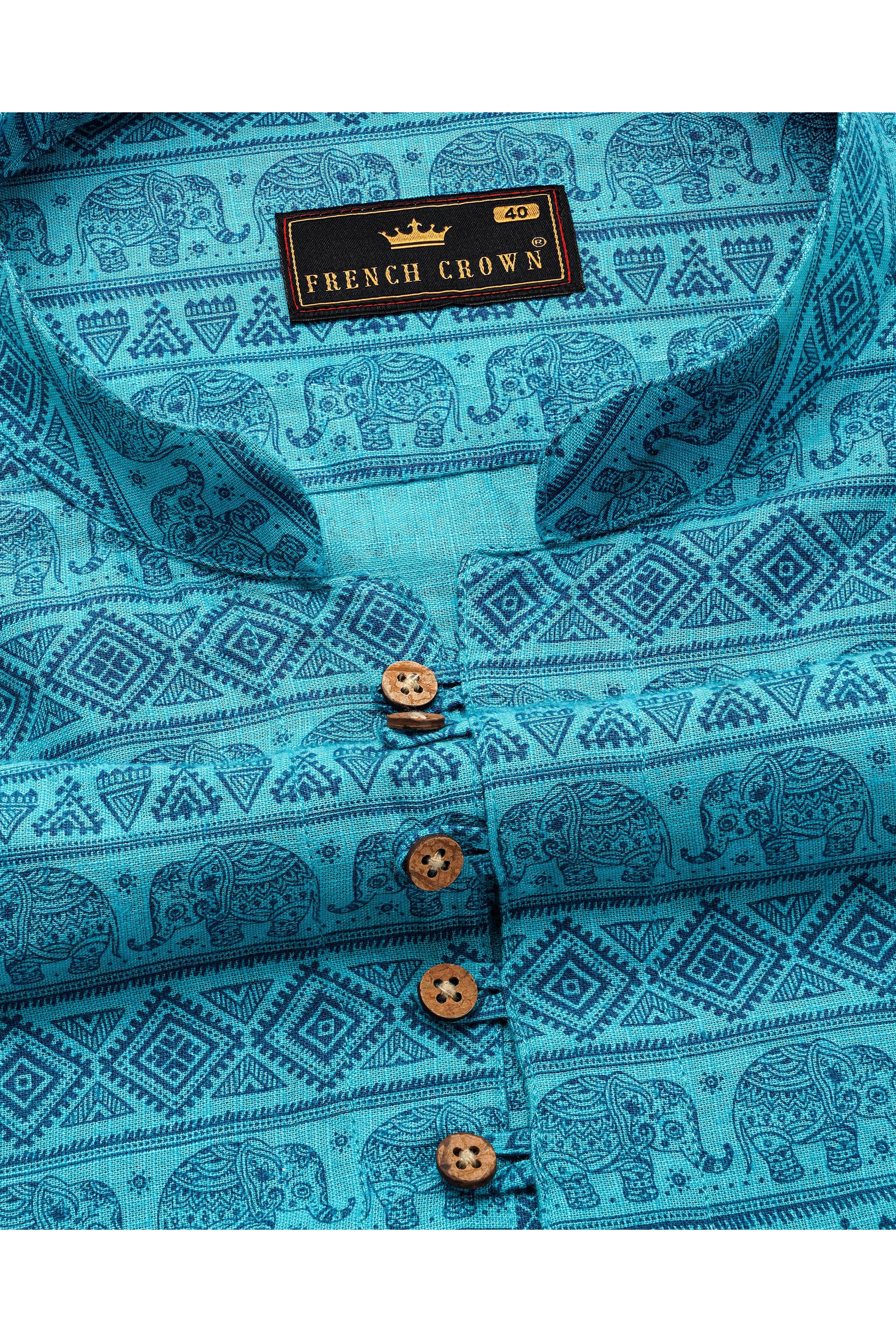 Turquoise Aqua Blue Tribal Printed Luxurious Linen Kurta Shirt