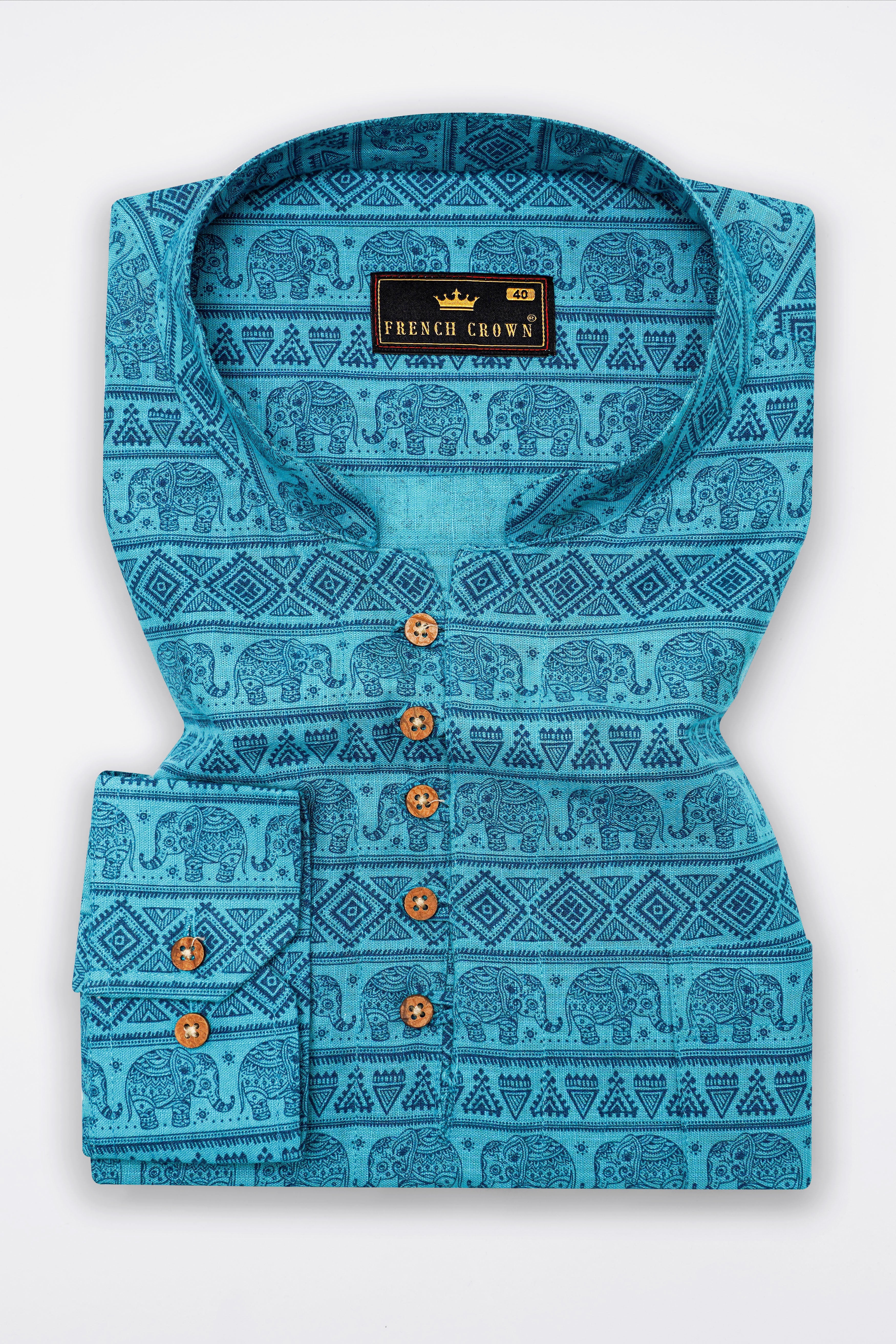 Turquoise Aqua Blue Tribal Printed Luxurious Linen Kurta Shirt