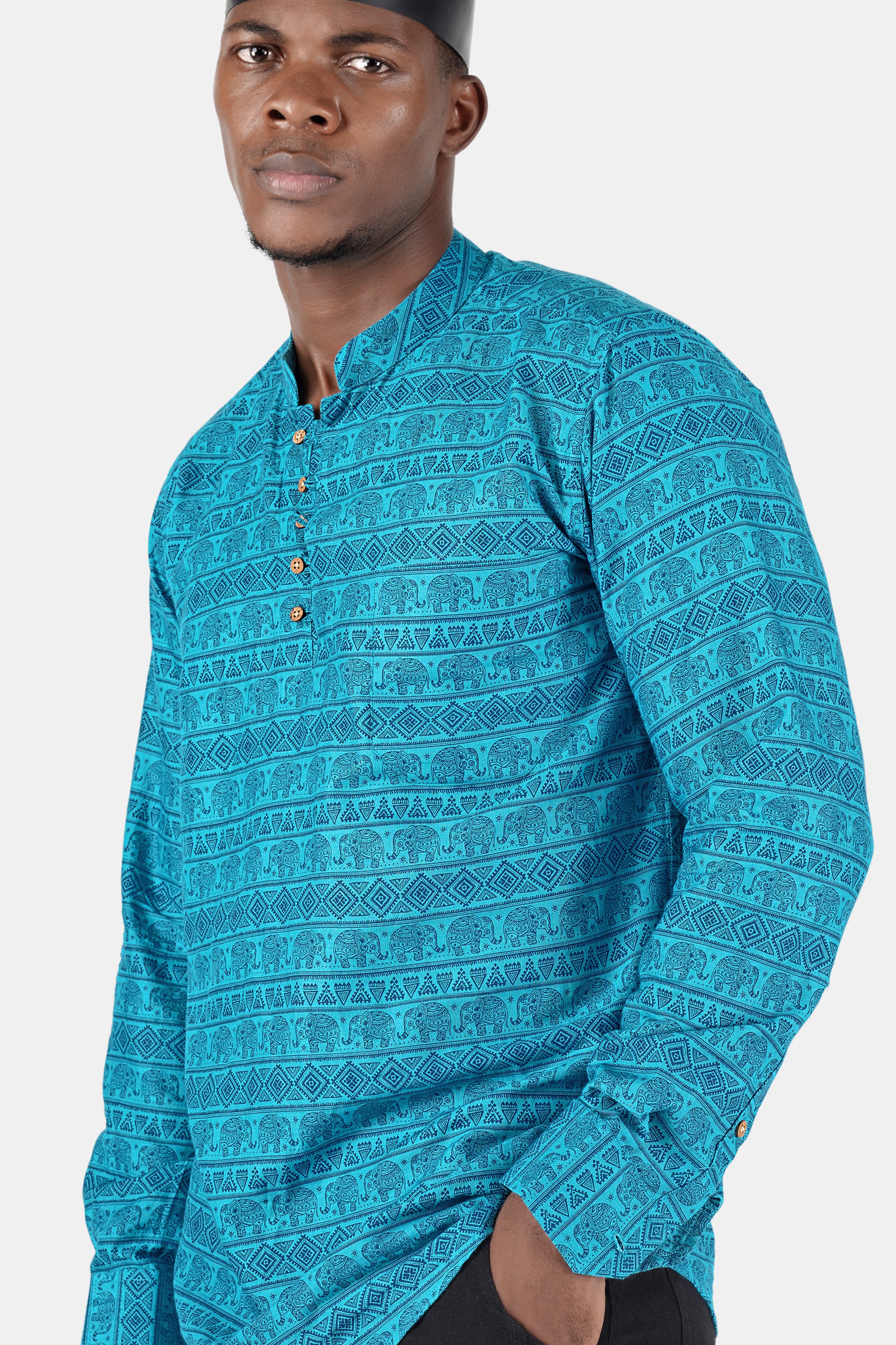 Turquoise Aqua Blue Tribal Printed Luxurious Linen Kurta Shirt