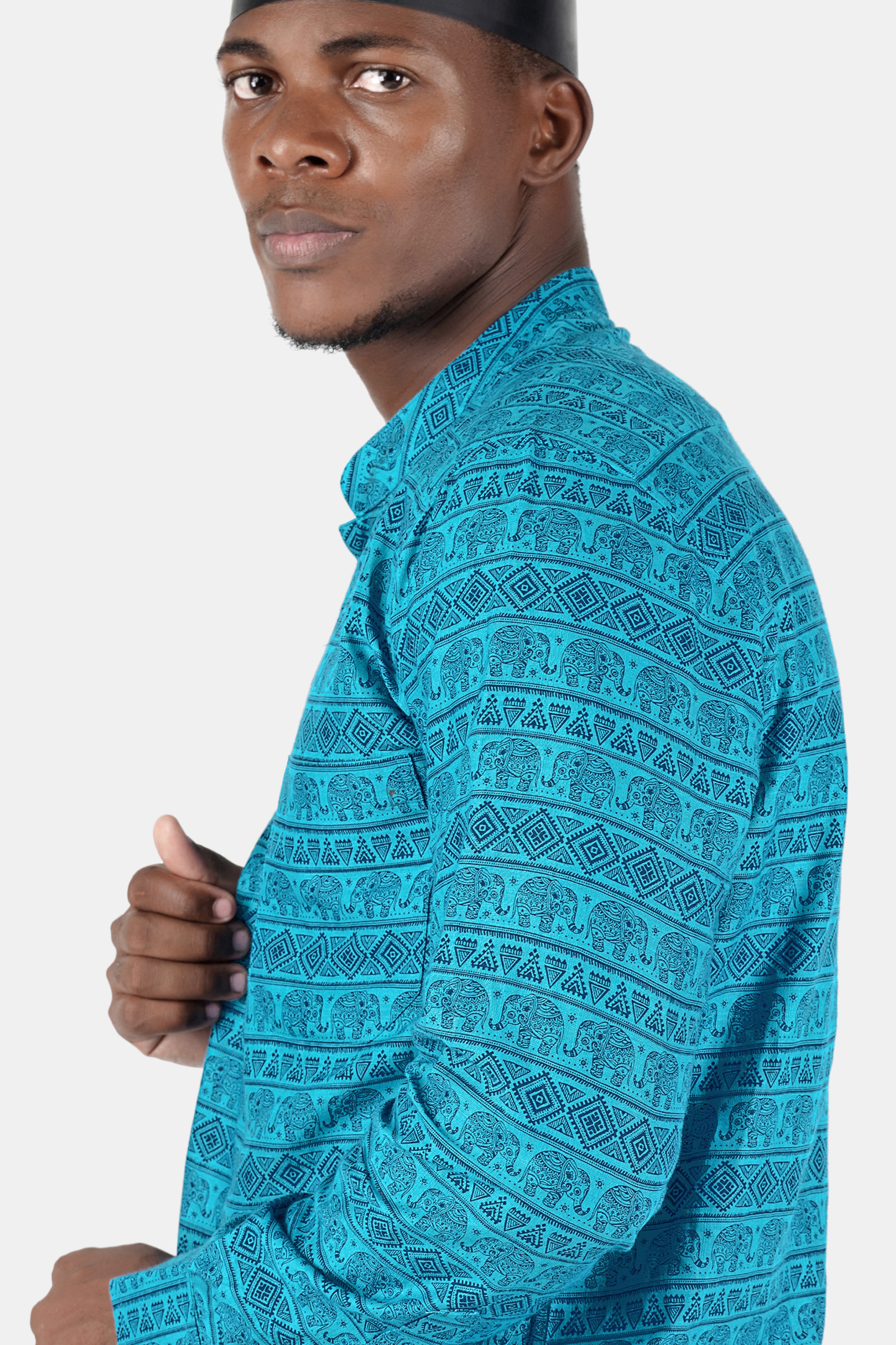 Turquoise Aqua Blue Tribal Printed Luxurious Linen Kurta Shirt