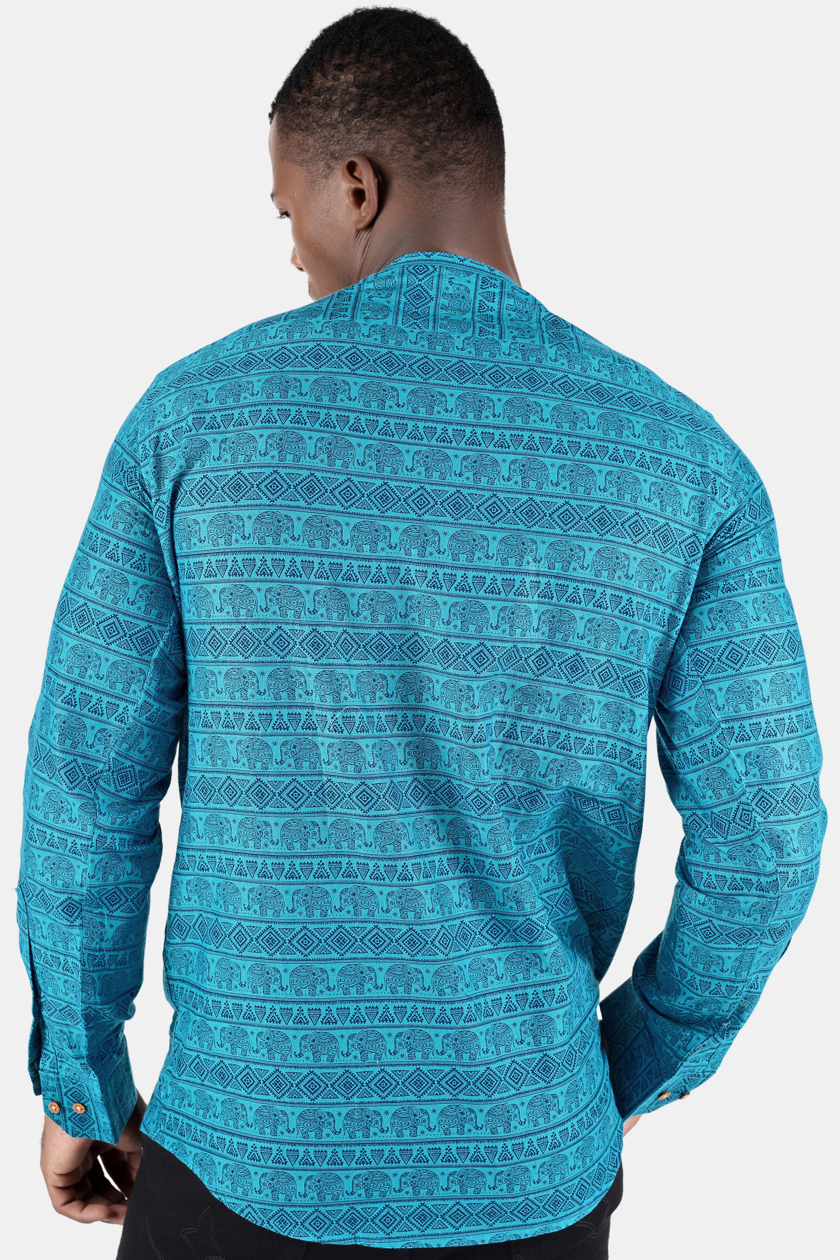 Turquoise Aqua Blue Tribal Printed Luxurious Linen Kurta Shirt