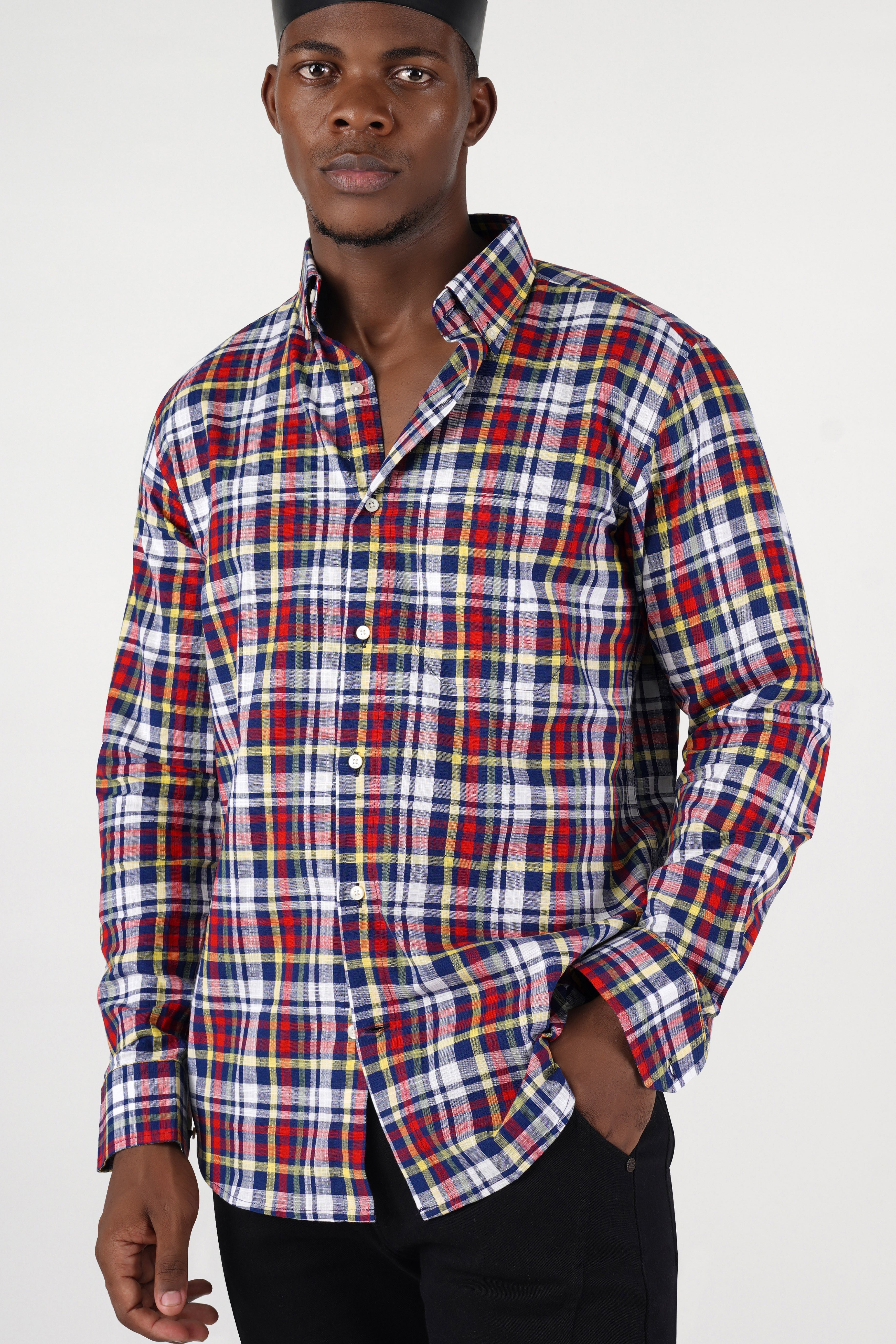 Bright White with Deep Cove Blue and Cornell Red Checkered Luxurious Linen Shirt