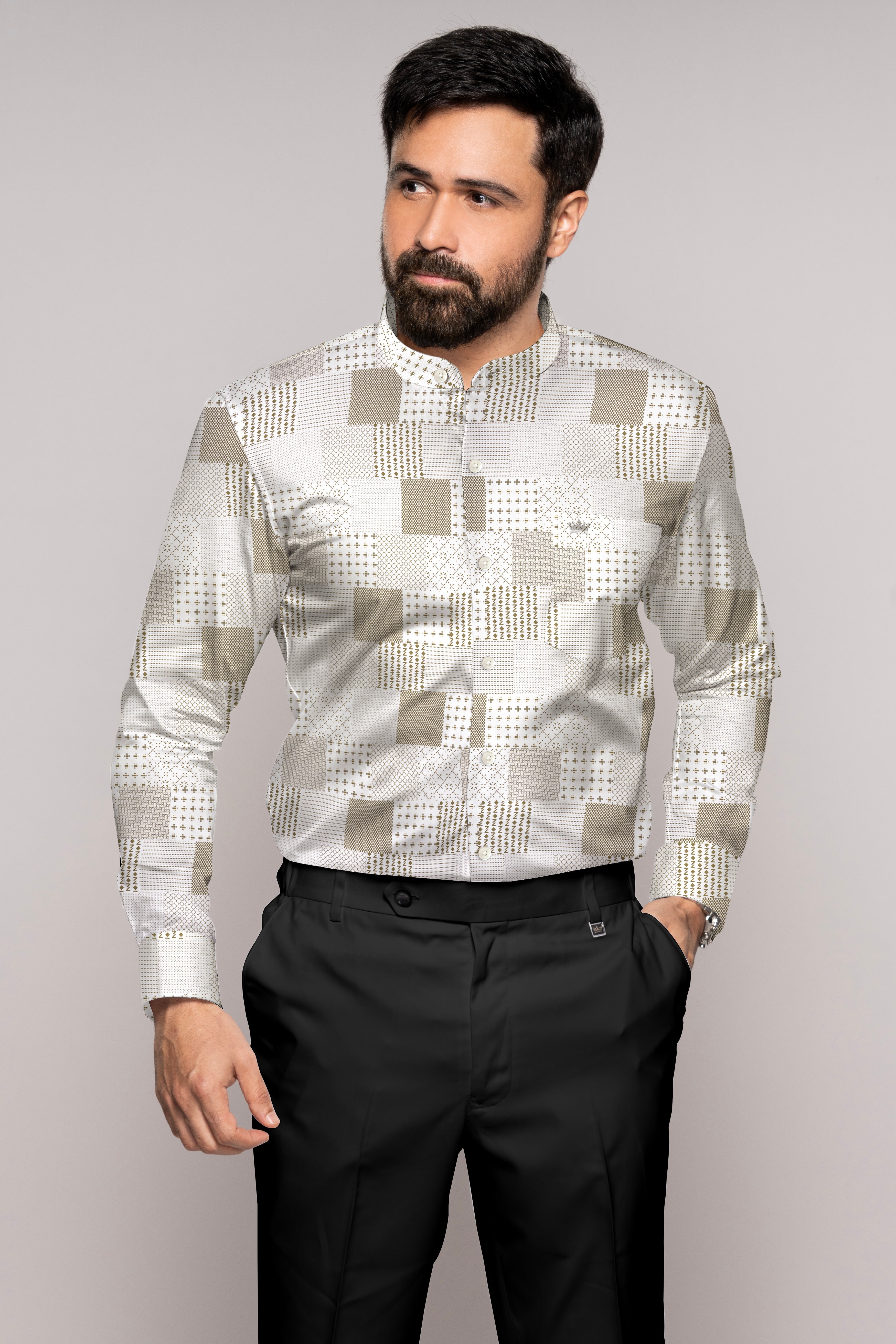 Bright White with Sepia Brown Square Printed Super Soft Premium Cotton Shirt