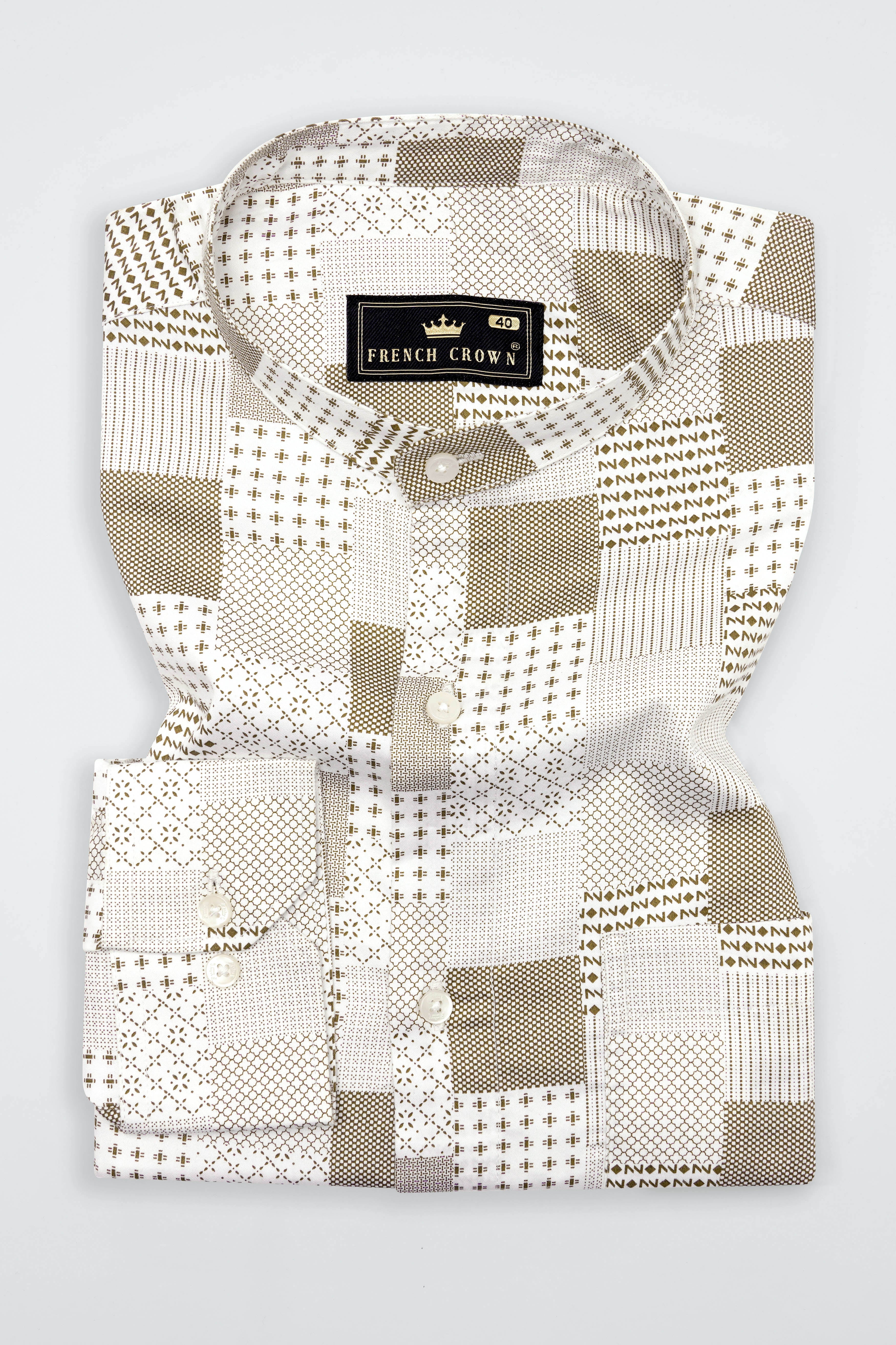 Bright White with Sepia Brown Square Printed Super Soft Premium Cotton Shirt