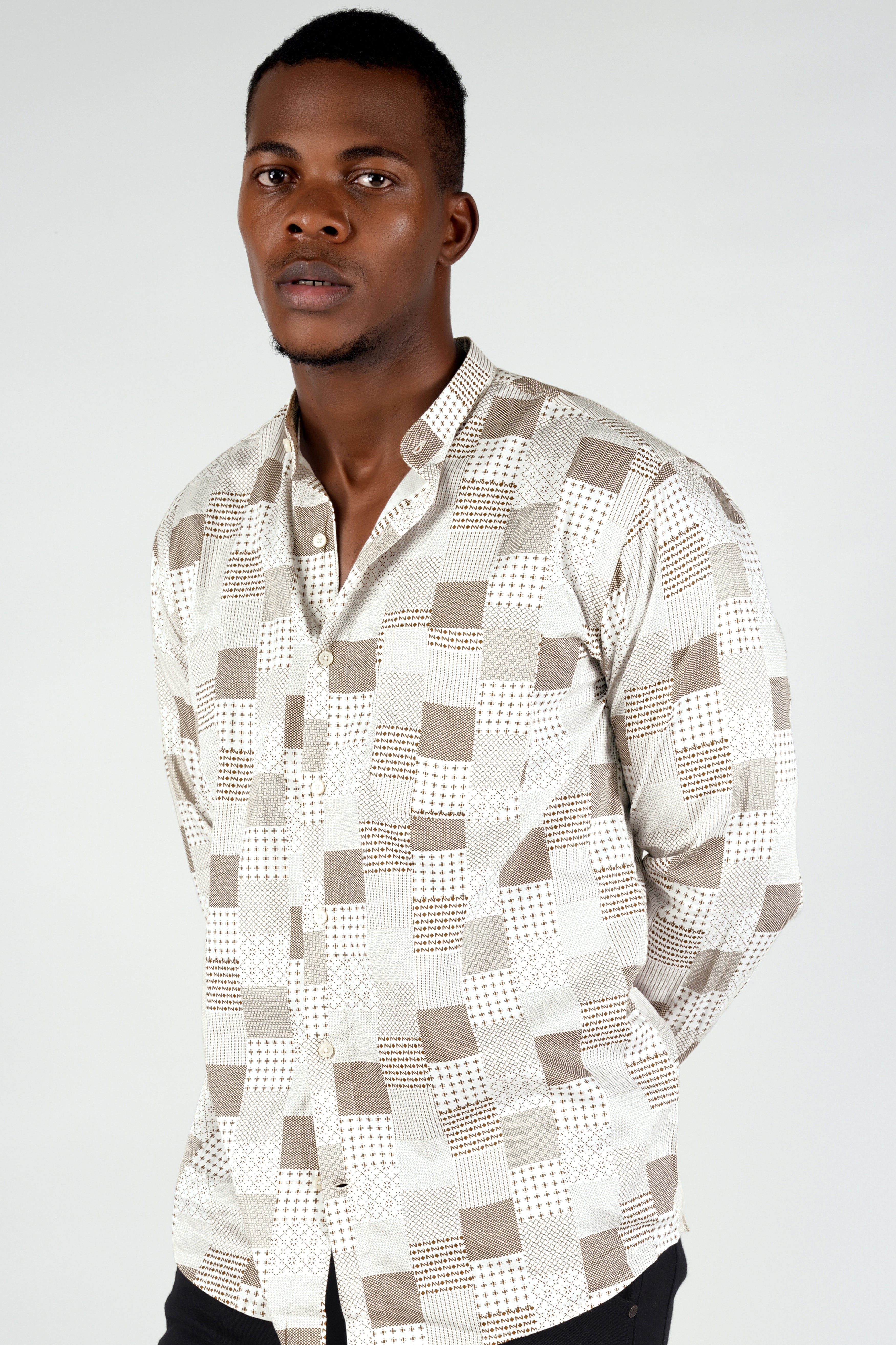 Bright White with Sepia Brown Square Printed Super Soft Premium Cotton Shirt