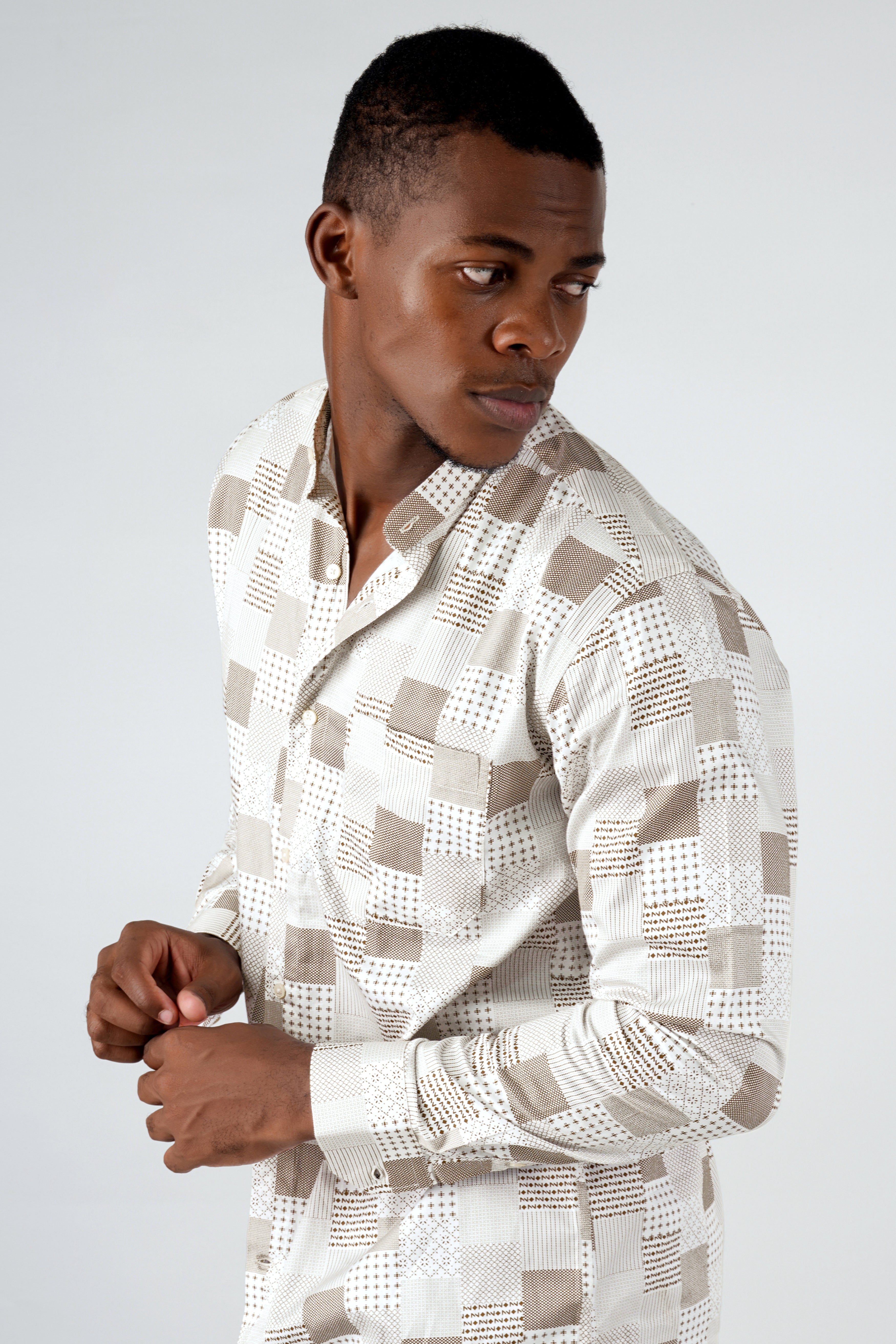 Bright White with Sepia Brown Square Printed Super Soft Premium Cotton Shirt