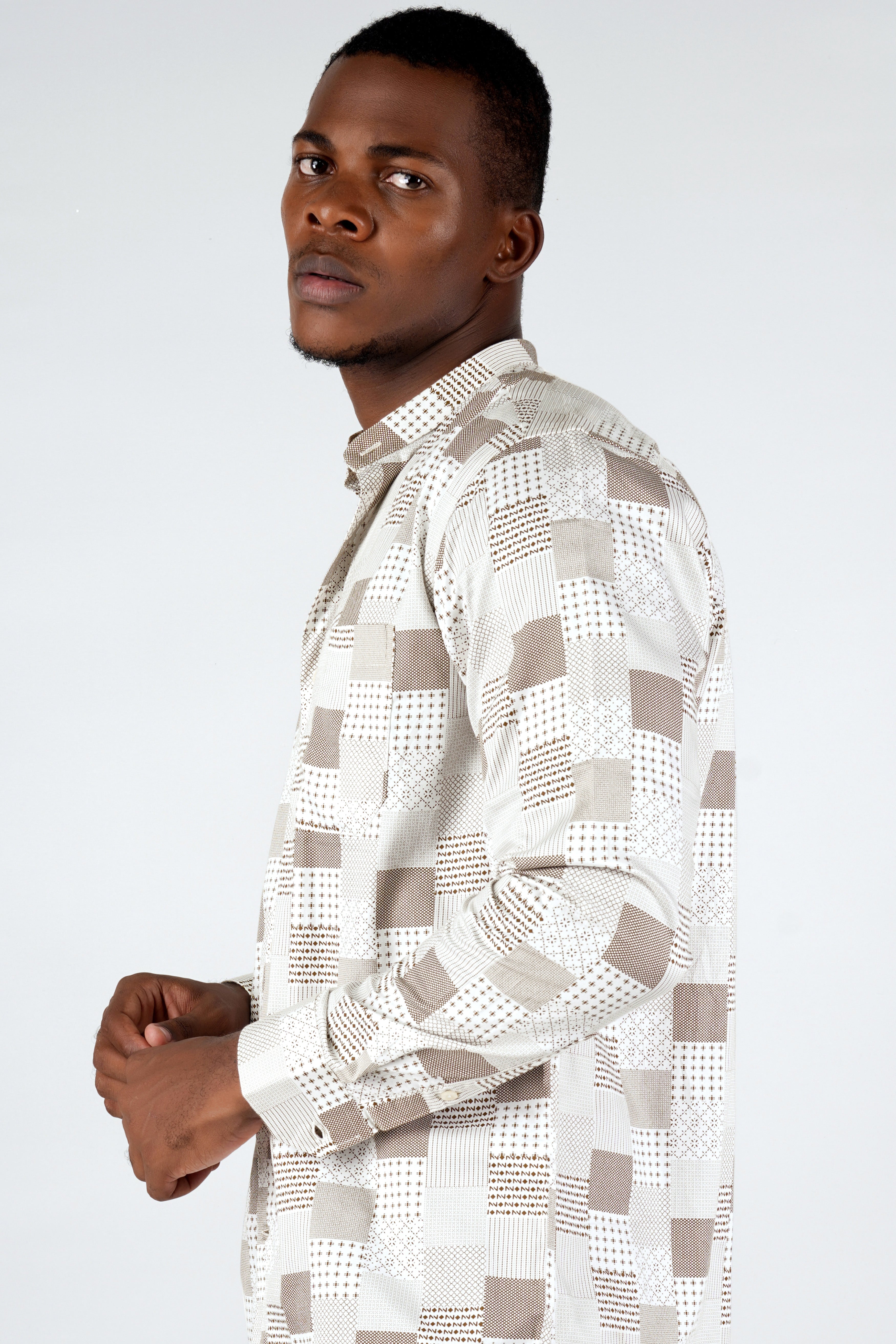 Bright White with Sepia Brown Square Printed Super Soft Premium Cotton Shirt