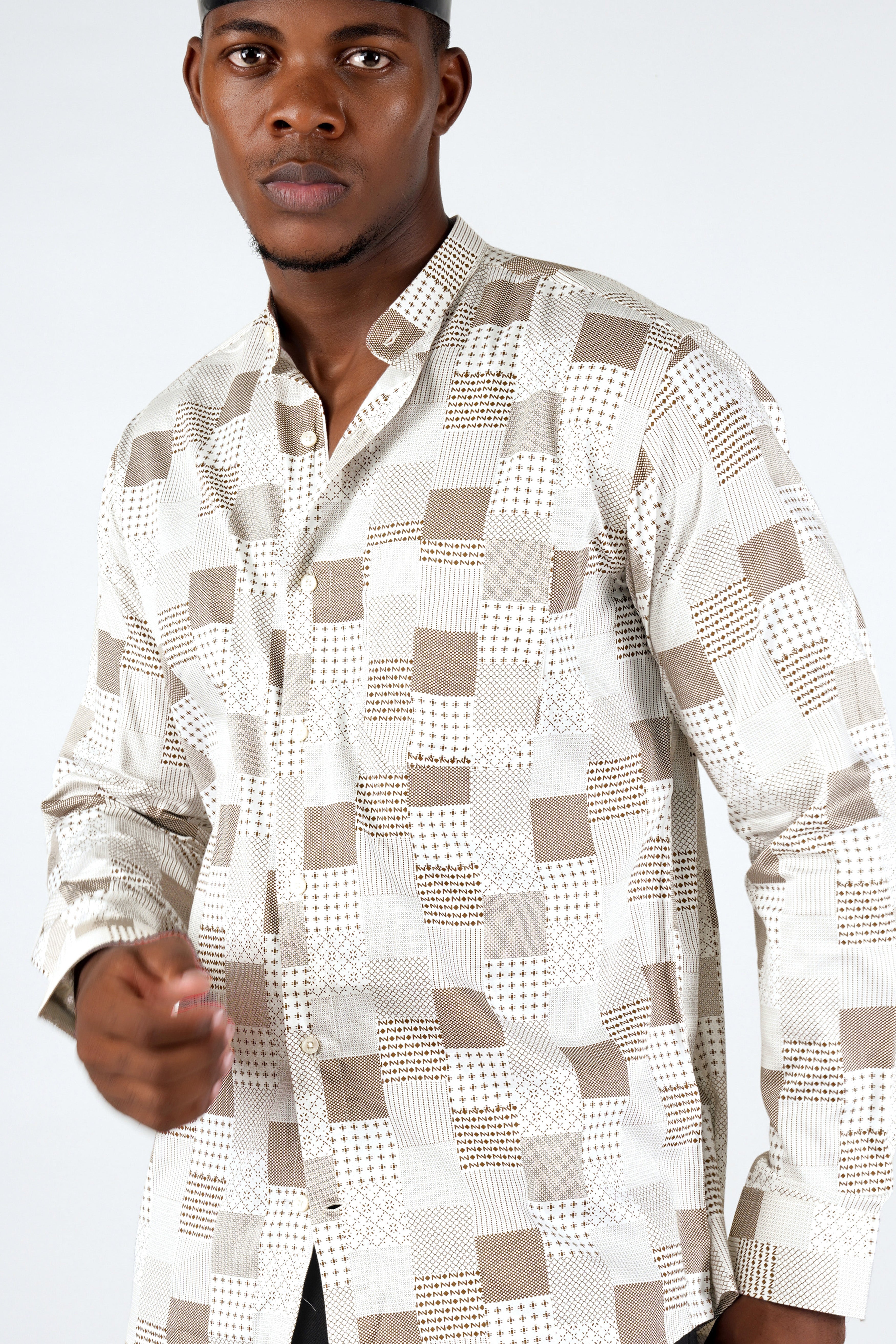 Bright White with Sepia Brown Square Printed Super Soft Premium Cotton Shirt