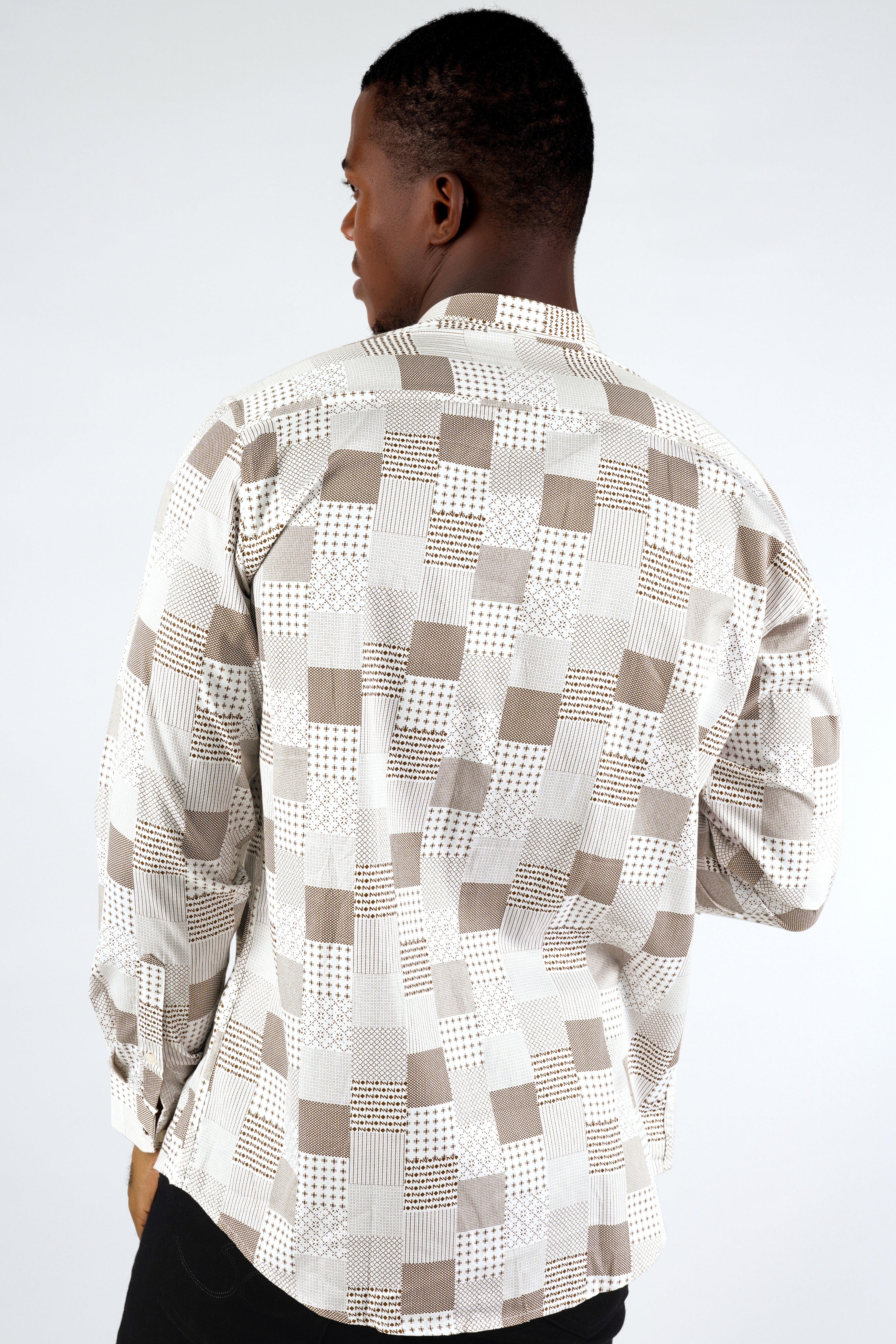 Bright White with Sepia Brown Square Printed Super Soft Premium Cotton Shirt