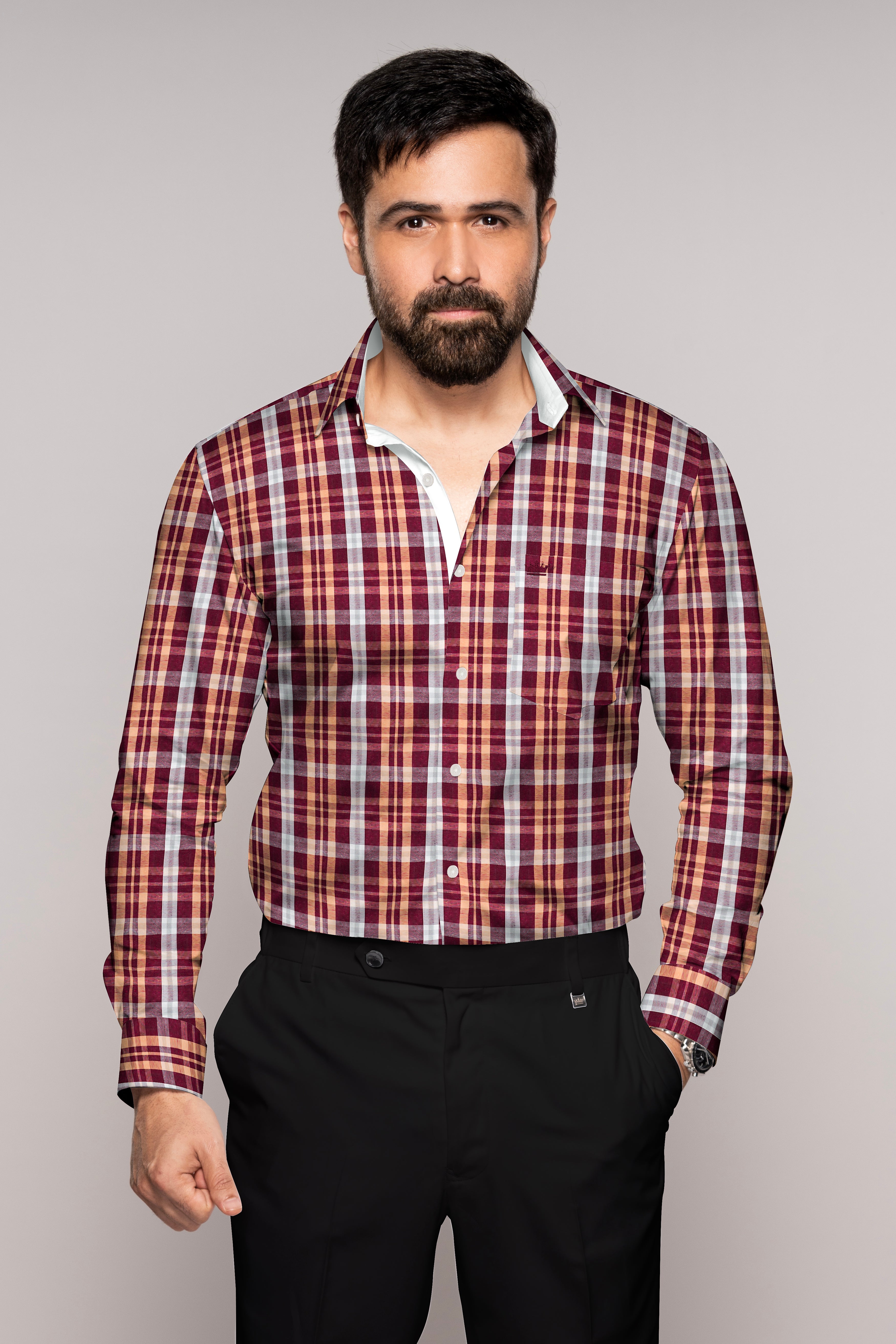 Claret Maroon with Tumbleweed Beige Checkered Premium Cotton Shirt