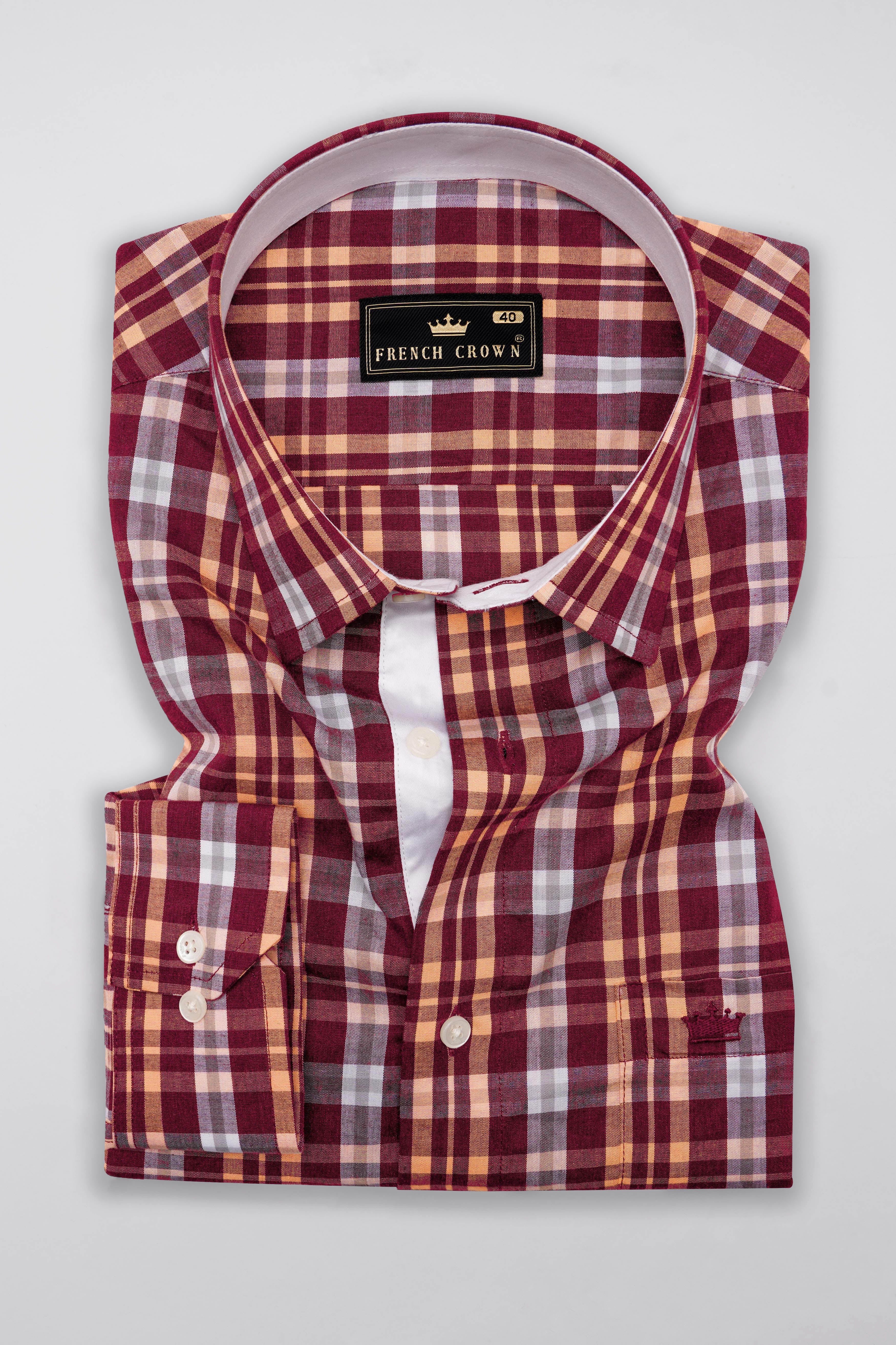 Claret Maroon with Tumbleweed Beige Checkered Premium Cotton Shirt